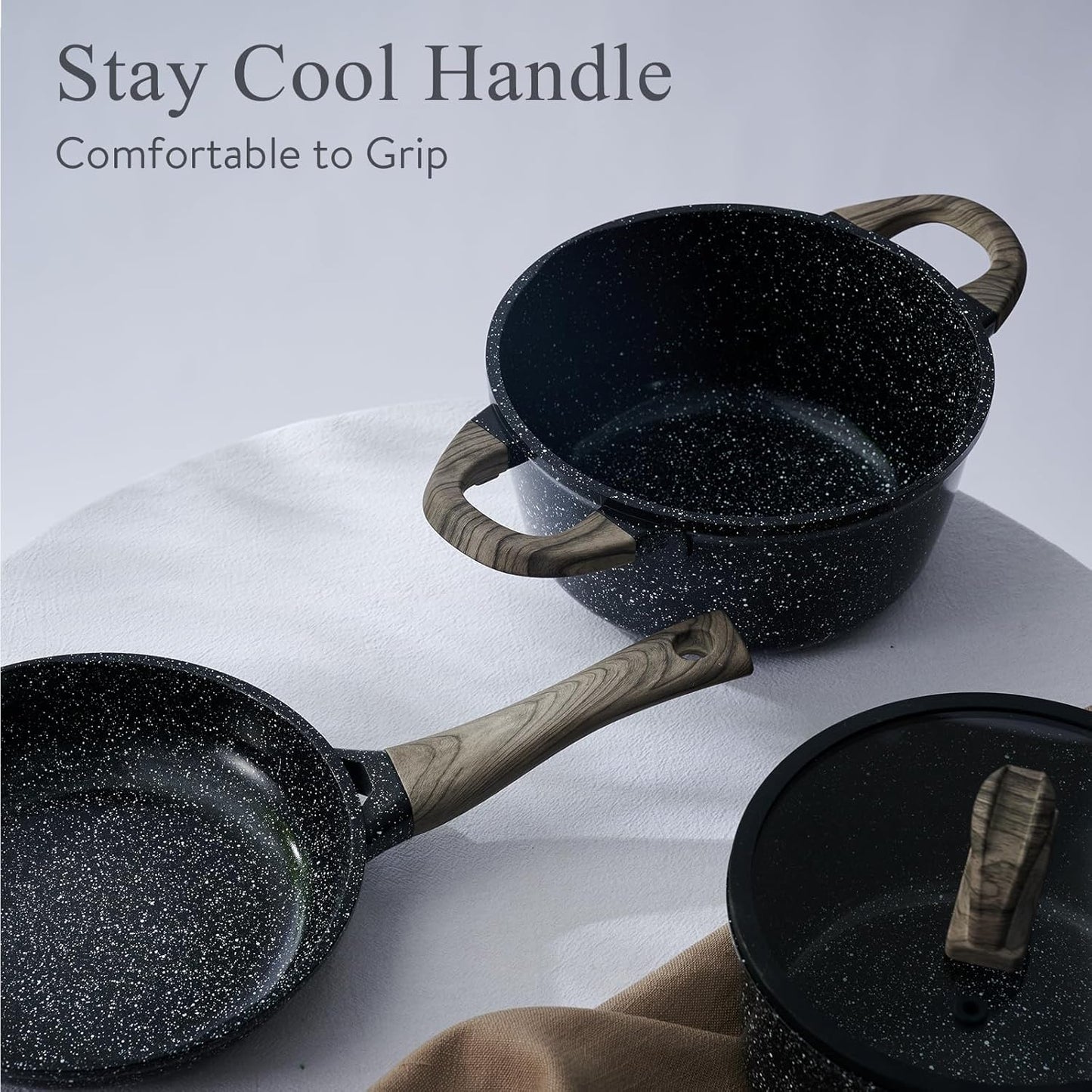 Ceramic Cookware Set 22 Piece Nonstick Pots and Pans Set Non Stick Kitchen Cooking Sets 8" Frying Pans with Lid,Black Granite Non-Toxic Induction Kitchen Cookware w/Glass Lids PFOS/PFOA-Free