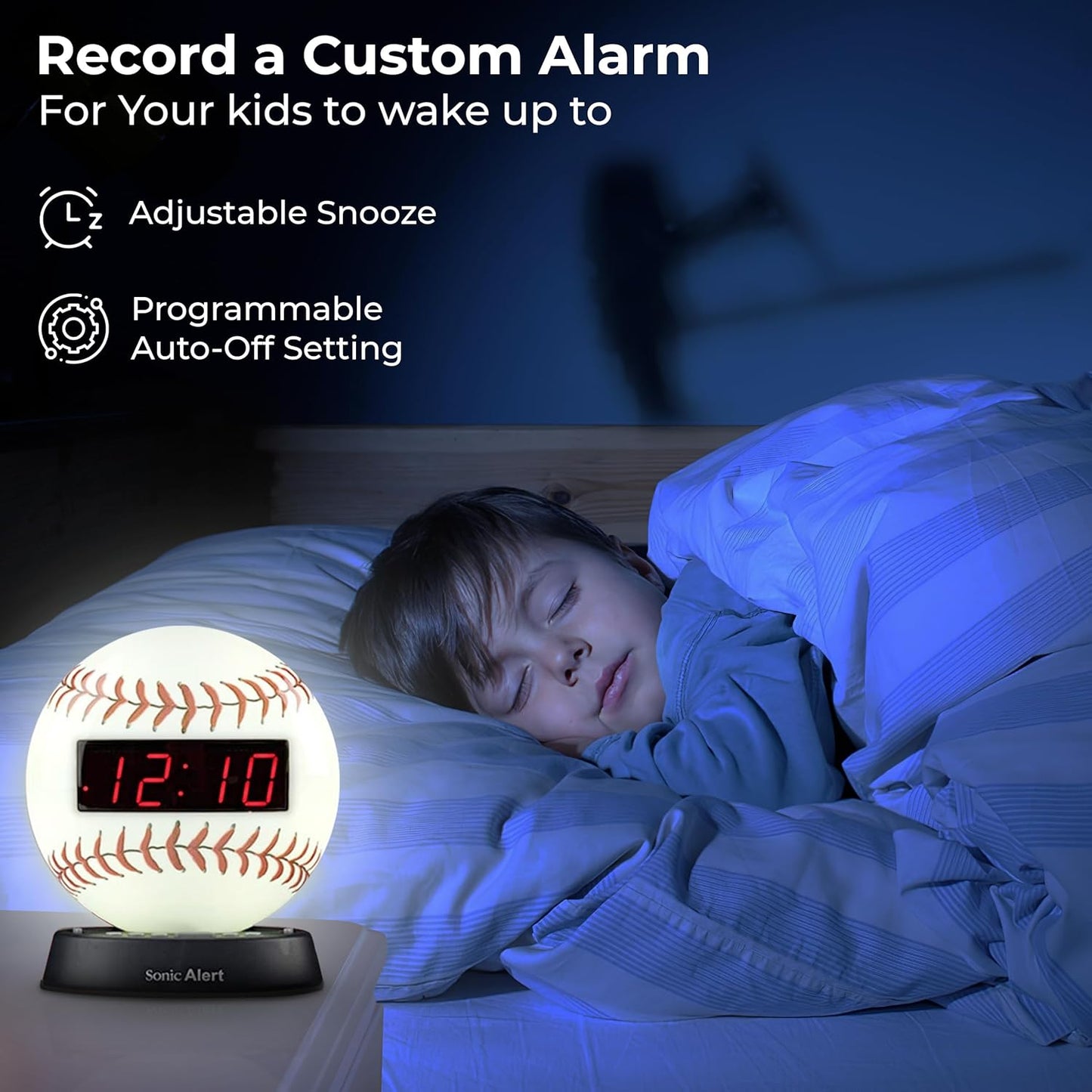 Sonic Alert Baseball Alarm Clock Nightlight for Heavy Sleepers - Loud & Compact Alarm Clock for Bedroom - Battery Backup & Full Range Dimmer - Easy to Set Digital Alarm Clock for Kids - AUX Connection