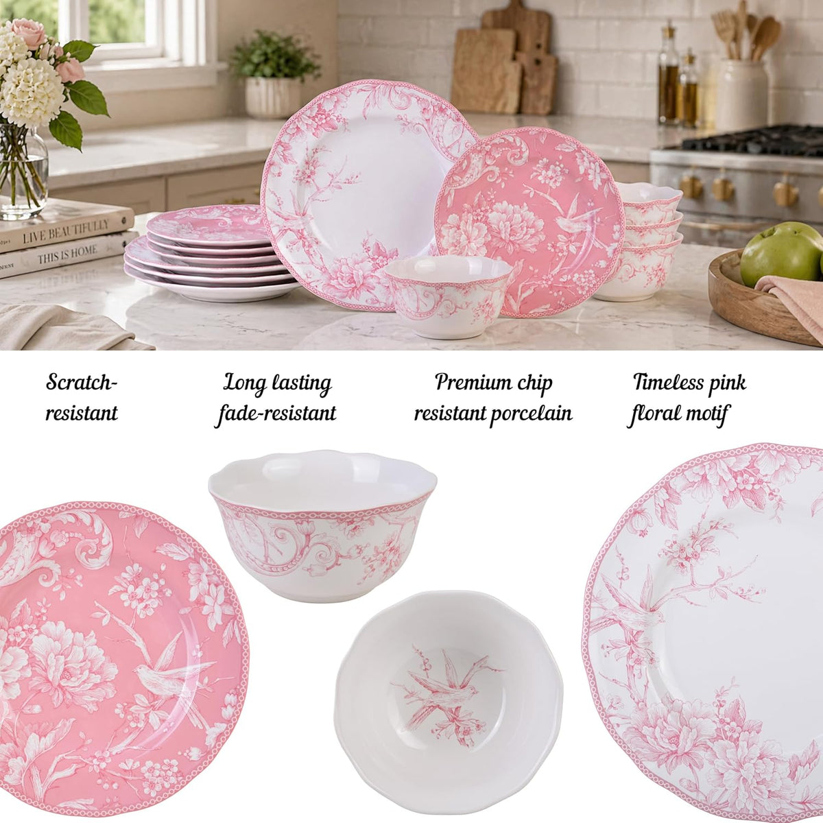 222 Fifth Adelaide Blush 12-Piece Pink Porcelain Dinnerware Set – Service for 4, Plate & Bowl Set, White with Pink Floral Pattern, for Daily Dining & Entertainment, Microwave & Dishwasher Safe