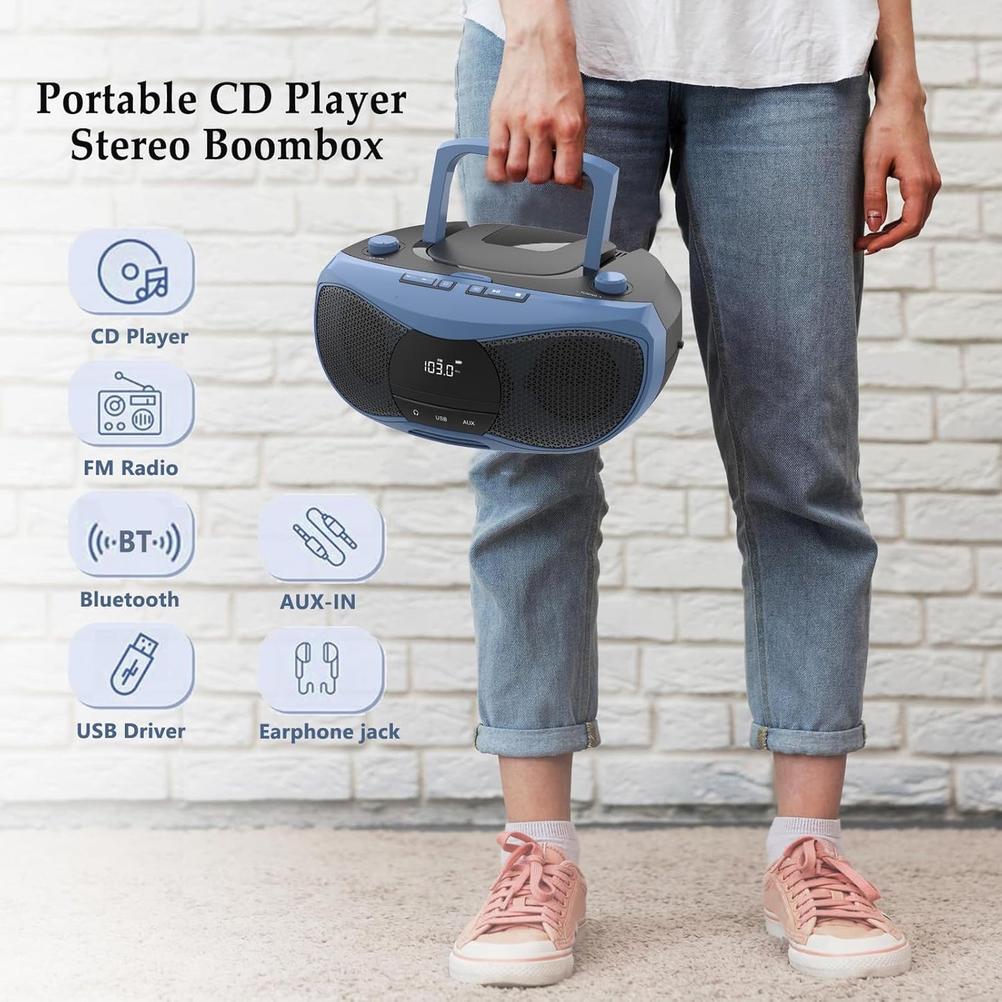 LONPOO Portable CD Player | Stereo Bluetooth Boombox | FM Radio Turn Knob | Auto Lid Open Button | Big LCD Display | Concealed Ports of USB/AUX/Earphone | Rear Power Protection Button (LP-D12)