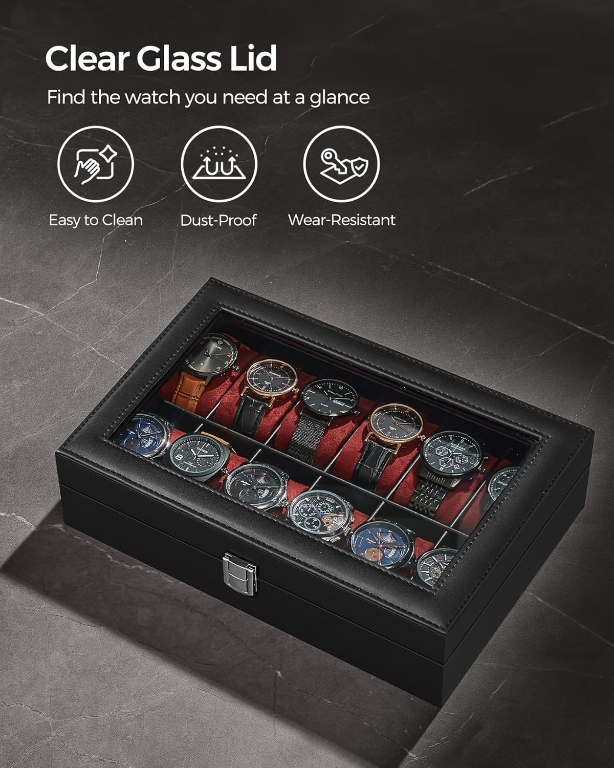 SONGMICS Watch Box, 6-Slot Watch Case, Watch Box Organizer, Black Synthetic Leather, Greenish Gray Lining UJWB06BK