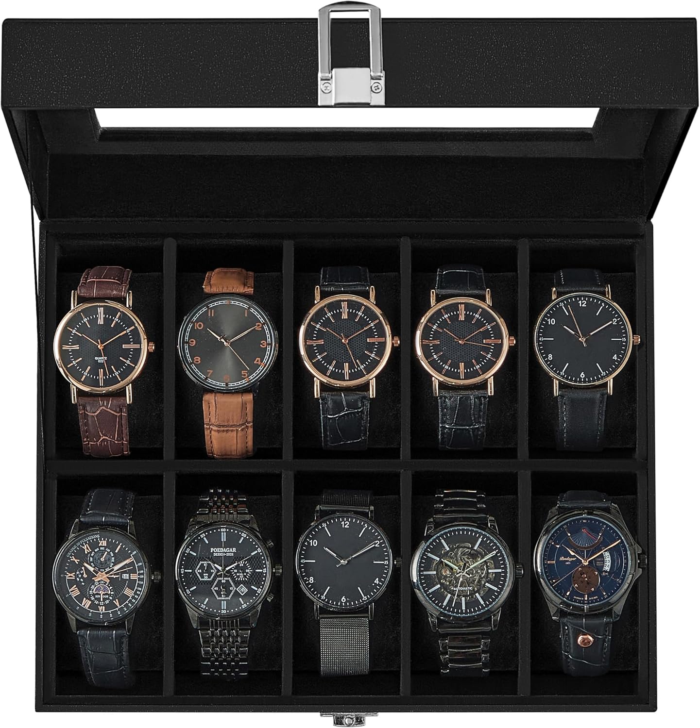 SONGMICS Watch Box, 6-Slot Watch Case, Watch Box Organizer, Black Synthetic Leather, Greenish Gray Lining UJWB06BK