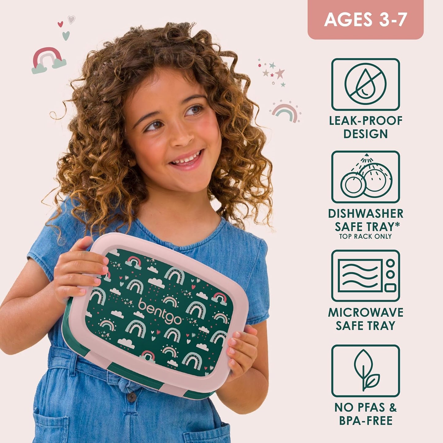 Bentgo Kids Prints Leak-Proof, 5-Compartment Bento-Style Kids Lunch Box - Ideal Portion Sizes for Ages 3-7, Durable, Drop-Proof, Dishwasher Safe, & Made with BPA-Free Materials (Green Rainbow)