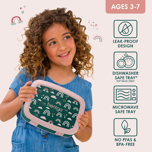 Bentgo Kids Prints Leak-Proof, 5-Compartment Bento-Style Kids Lunch Box - Ideal Portion Sizes for Ages 3-7, Durable, Drop-Proof, Dishwasher Safe, & Made with BPA-Free Materials (Green Rainbow) - PuriLite