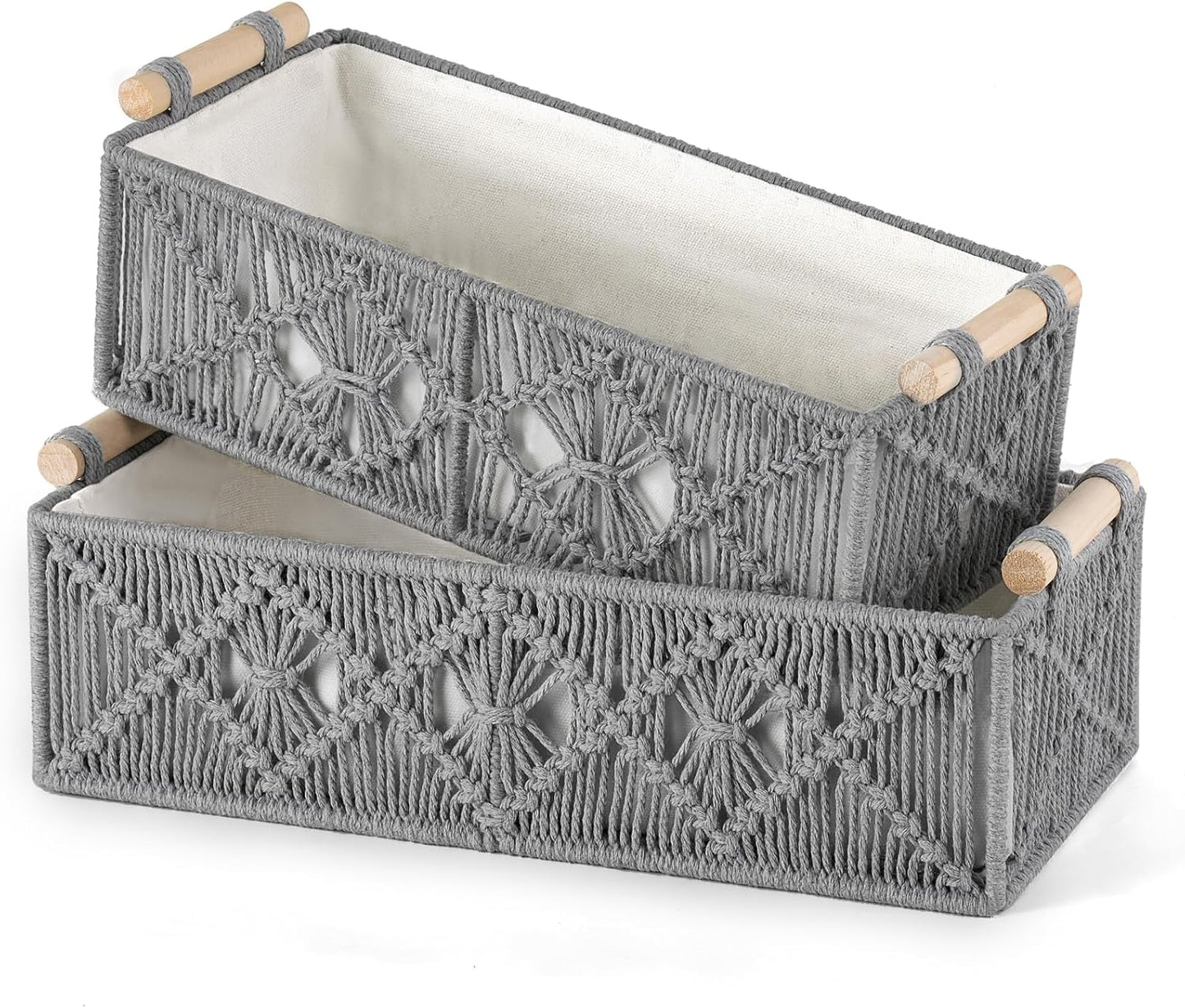 Mkono Macrame Storage Baskets Boho Decor Box Handmade Woven Decorative Countertop Toilet Tank Shelf Cabinet Organizer for Bedroom Livingroom Home, Set of 2, Ivory