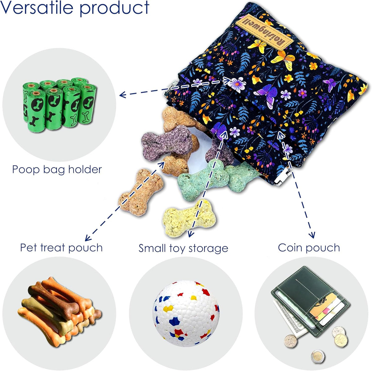 Raisingwell Dog Treat Pouch, Black Pocket Sized Pet Training Pouch, Cotton Fabric, Hand Free Dog Walking Bag with Carabiner, Self-Closing Pet Feed Snack Reward, for Pet Puppy Travel or Outdoor Use - PuriLite
