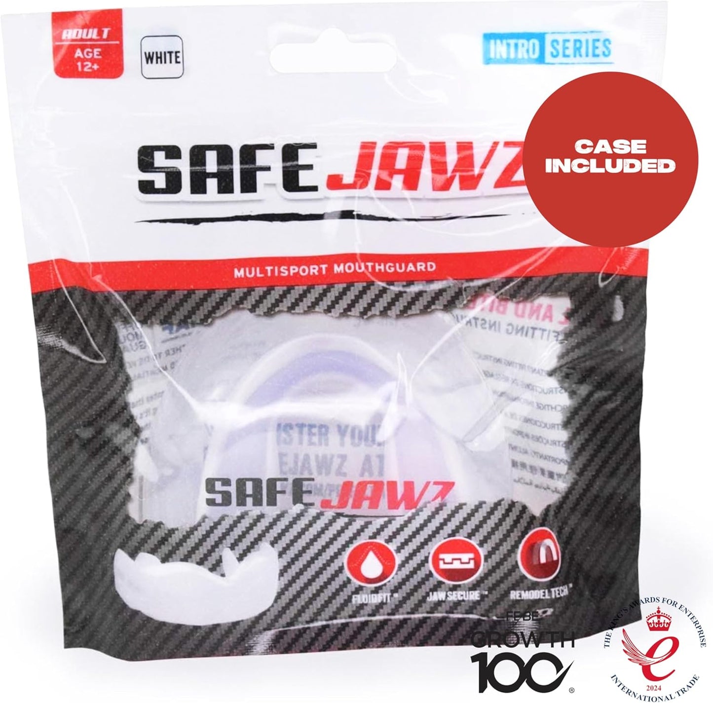 SAFEJAWZ Mouthguard Strapless Slim Fit, Adults and Junior with Case for Boxing, Basketball, Football, MMA, Martial Arts, Hockey and All Contact Sports (Adults (12+ Years), Black)