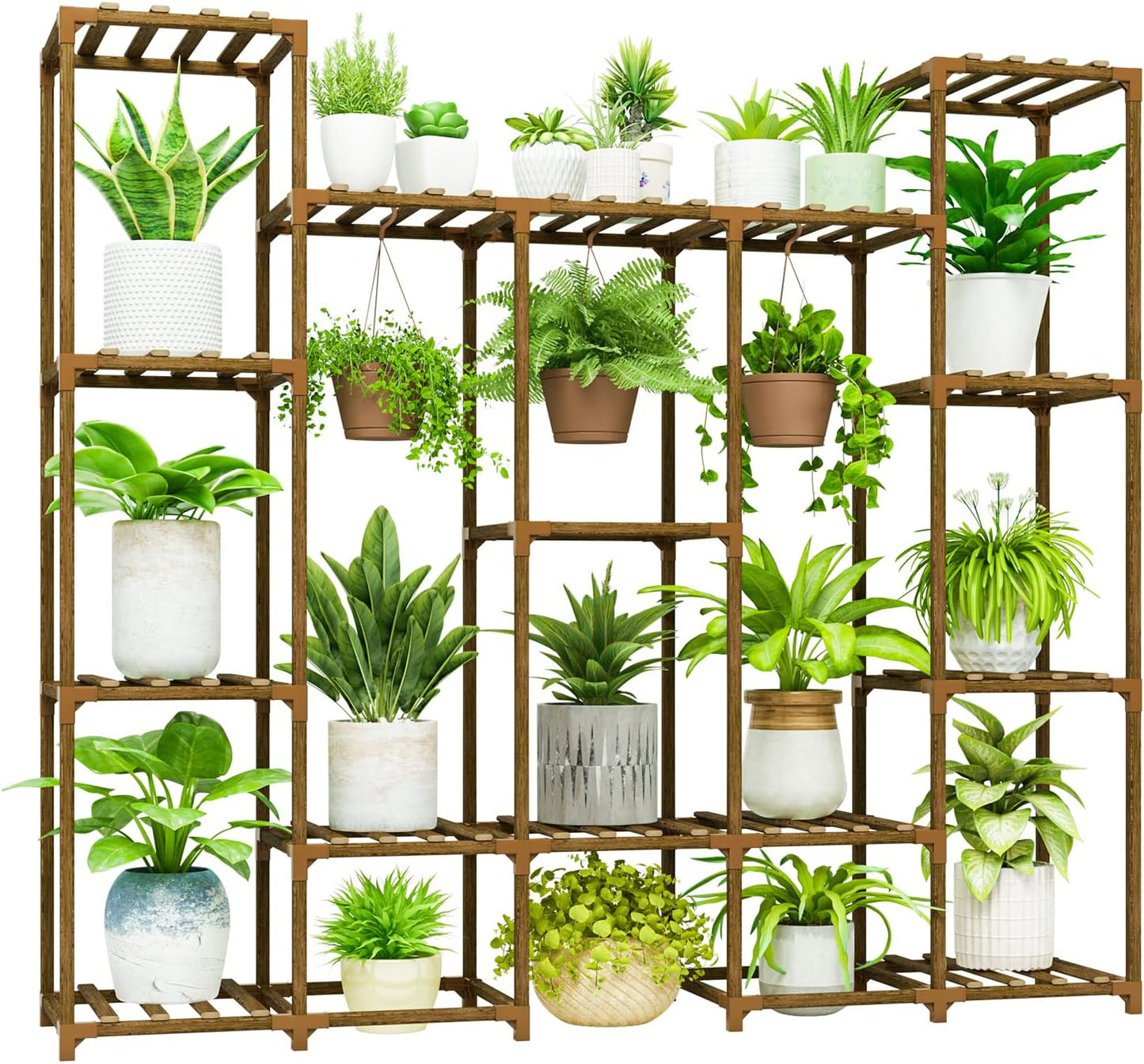 Bamworld Plant Stand Indoor Outdoor Hanging Plant Shelf for Multiple Plants Pots Wood Flower Stand Tall Large Flower Holder for Living Room, Patio, Balcony, Garden Decor, Brown