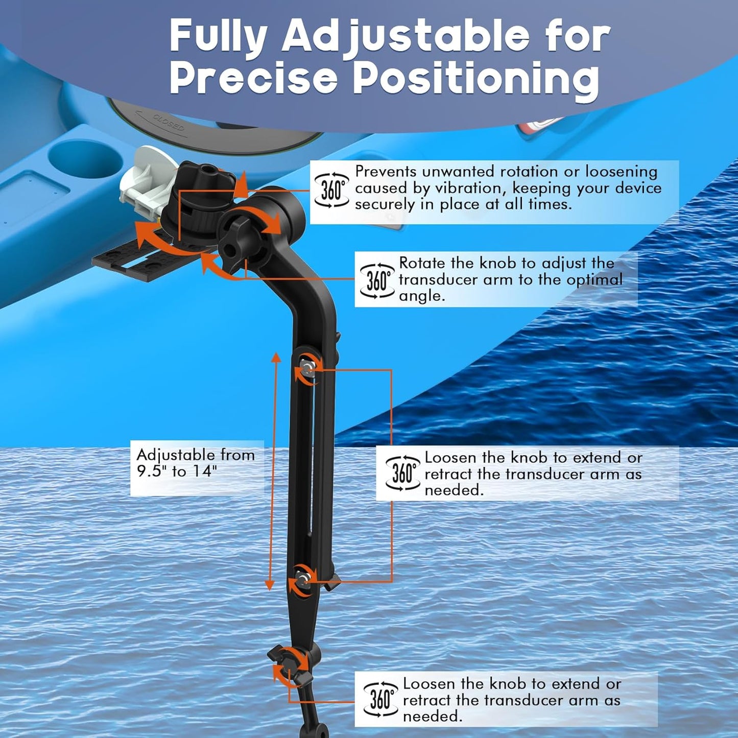 EDSRDPLT Universal Kayak Fish Finder Mount with Transducer Arm Adjustable 9–14” Tool-Free Rail Installation – Fish Finder Bracket for Kayaks, SUPs & Small Boats