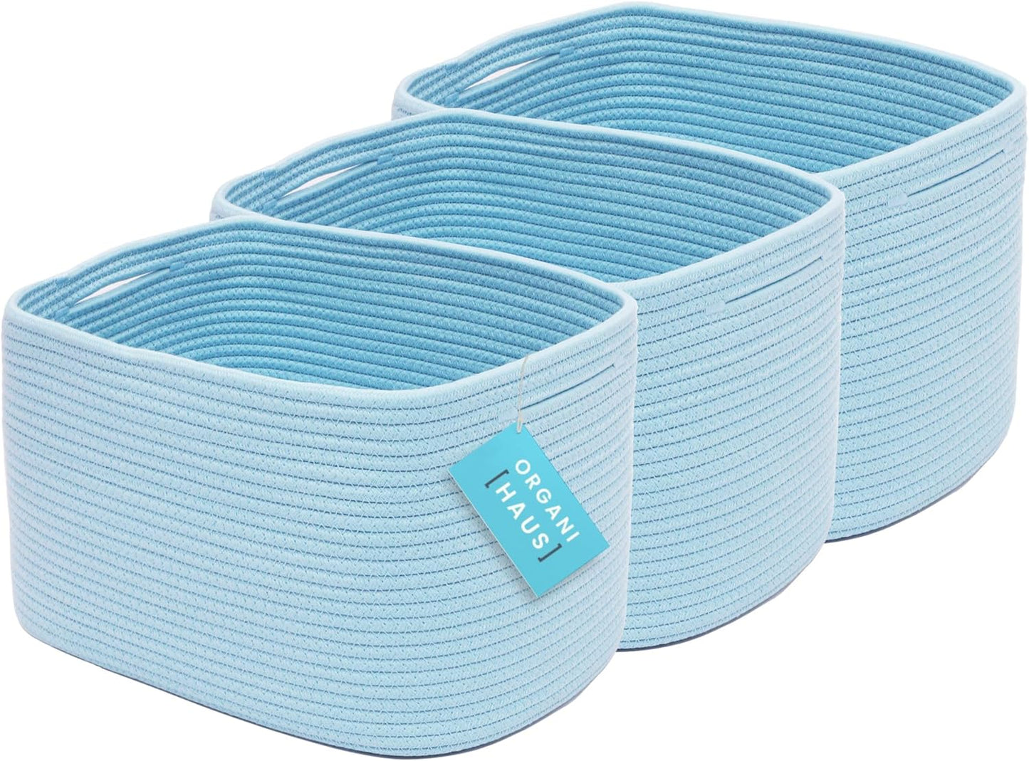 OrganiHaus Soft Woven Baskets for Storage Organization Set of 3, Cotton Rope Nursery Storage Baskets for Shelves, Square Book Bins, Bathroom Towel Hamper, Dog Toy Bins, Panier Rangement - Light Honey