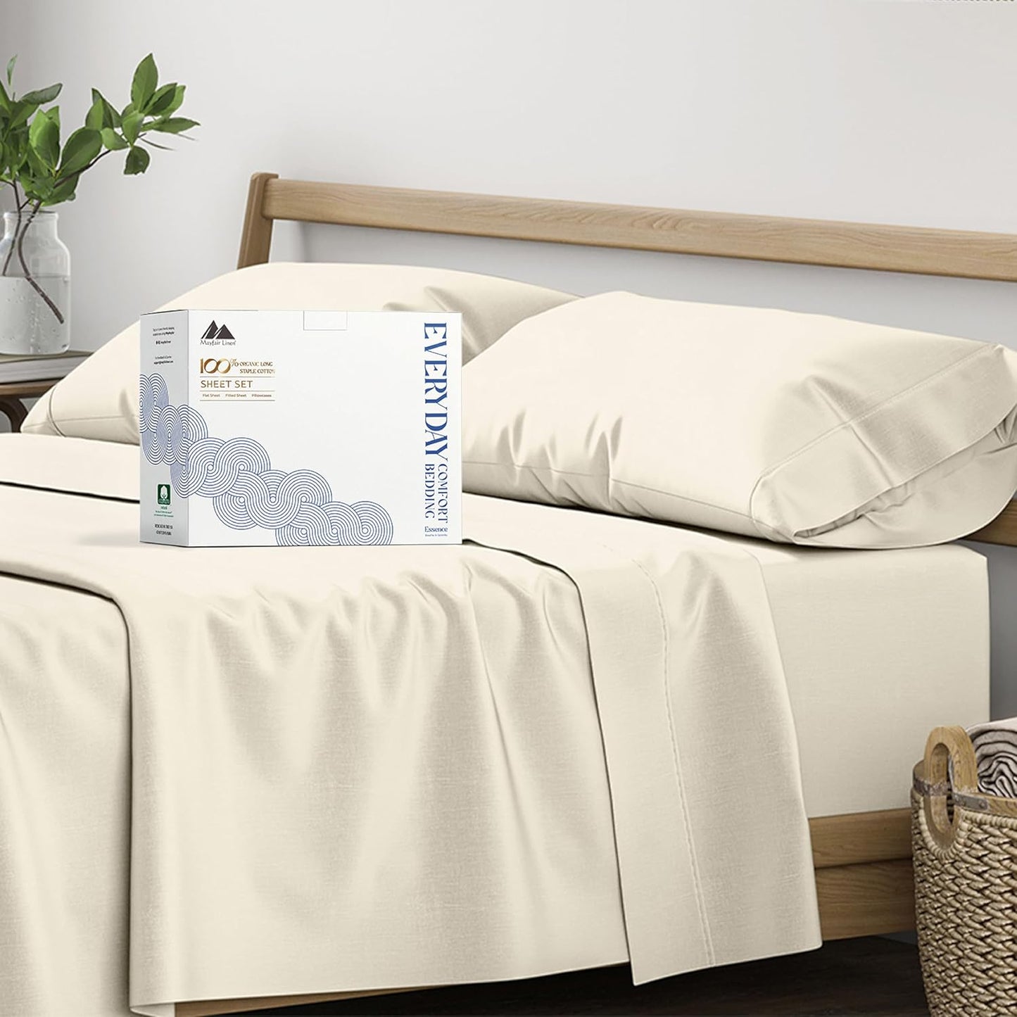 Mayfair Linen 100% Organic Cotton Percale Sheets Full Size - White Cotton Percale Sheets Full, 4 Piece Full Percale Sheet Sets, Soft & Crisp, Cooling Sheets, 16" Deep Pocket Hotel Sheets Full Size