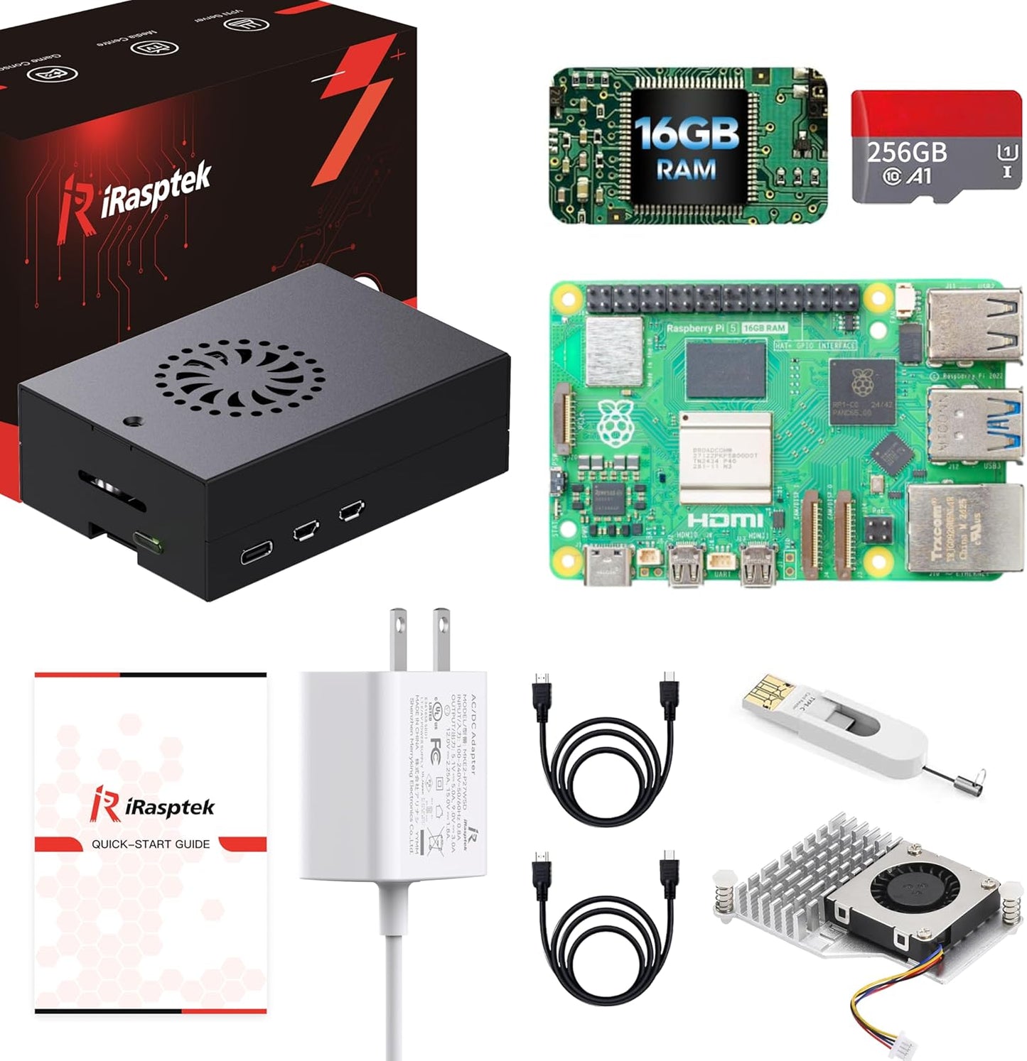 iRasptek Starter Kit for Raspberry Pi 5 RAM 16GB - 256GB Edition of OS-Bookworm Pre-Installed (Aluminum Case)