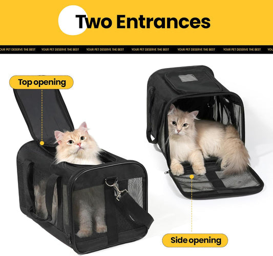 Conlun Cat Carrier Airline Approved, Soft-Sided Dog Carrier with Inner Safety Leash, Pet Transport Carrier for Small-Medium Cats Puppies up to 15 Lbs, Collapsible Travel Kitten Carrier Bag -Black M - PuriLite