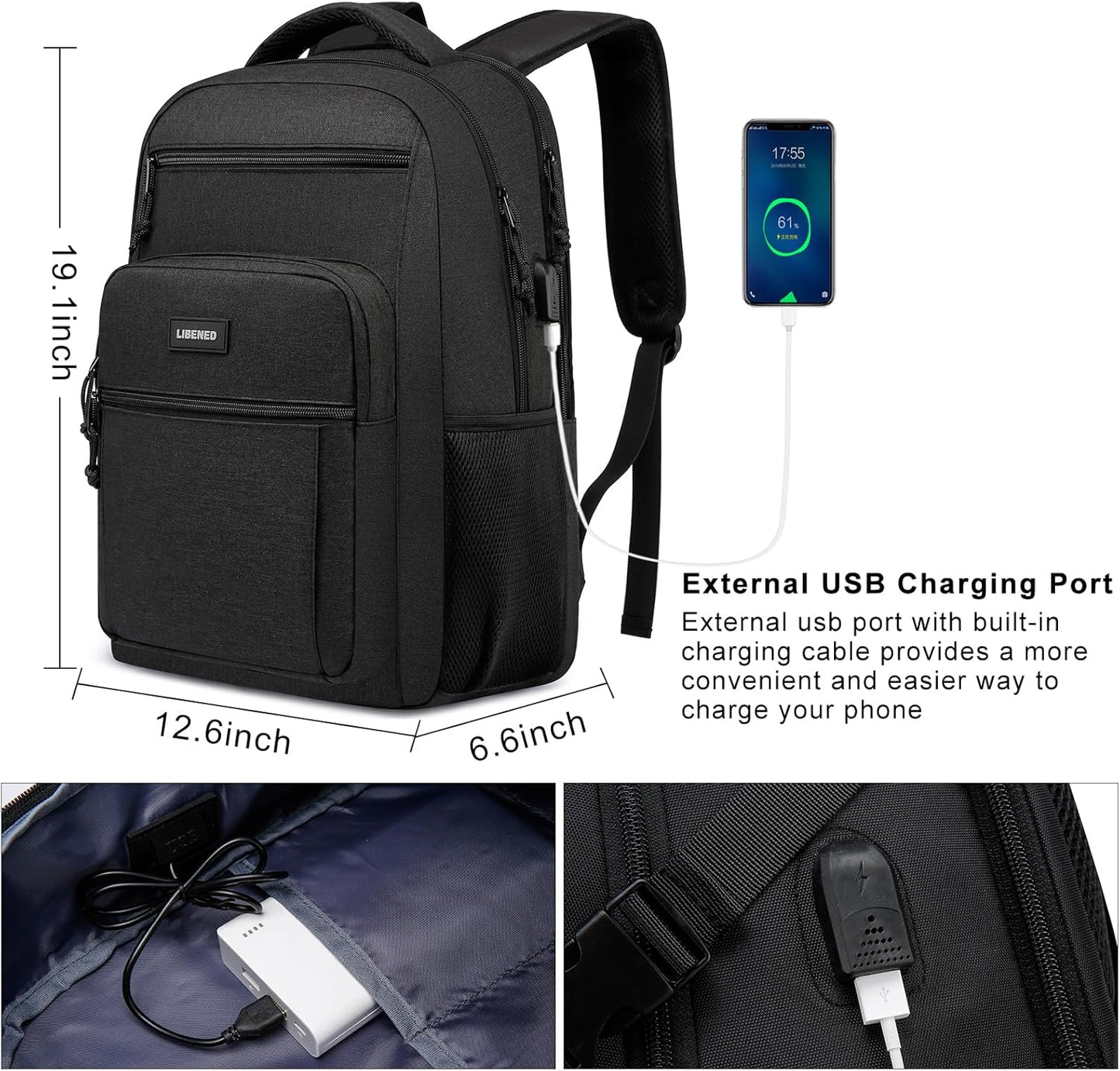 School backpack for Teen Boys, Backpack for Men,15.6 inch Laptop Backpack with USB Charging Port, Large Computer Bookbag with Compartments, Ergonomic Straps, Black