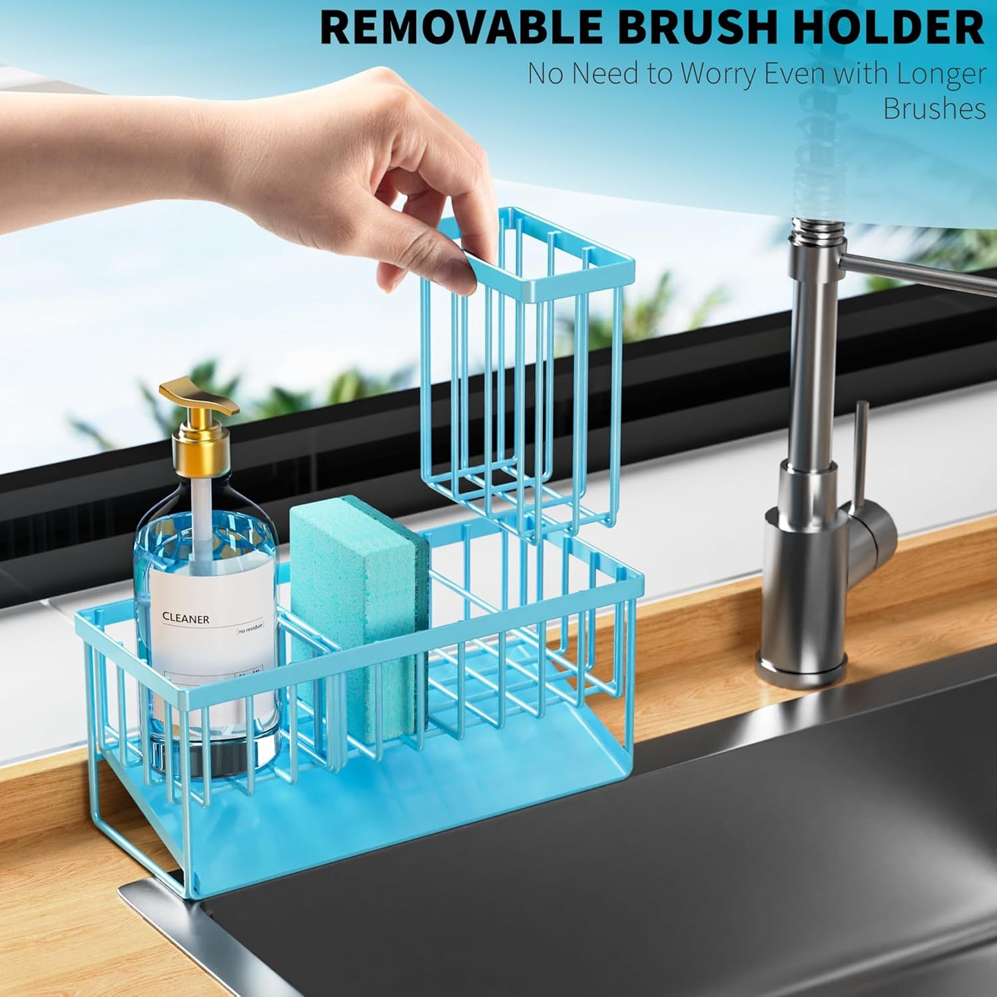 Cisily Kitchen Sink Caddy Organzier with High Brush Holder, Sponge Holder for Sink, 304 Rustproof Stainless, Kitchen Countertop Soap Dispenser Organizer, Kitchen Decor and Accessories (Black)