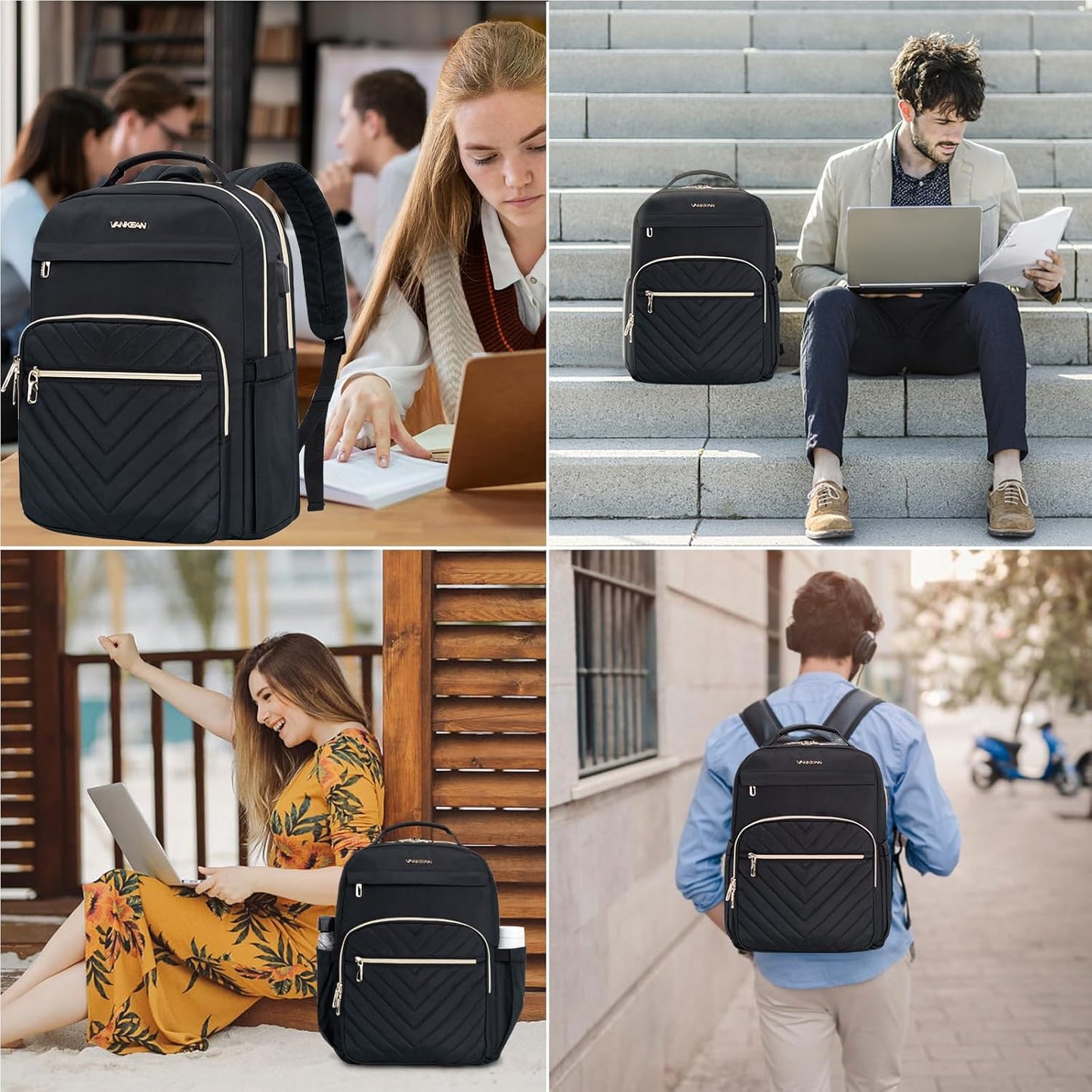 VANKEAN Laptop Backpack for Women Men Work Laptop Bag Fashion with USB Port, Daypacks for College, Business (Black, 15.6 Inch)