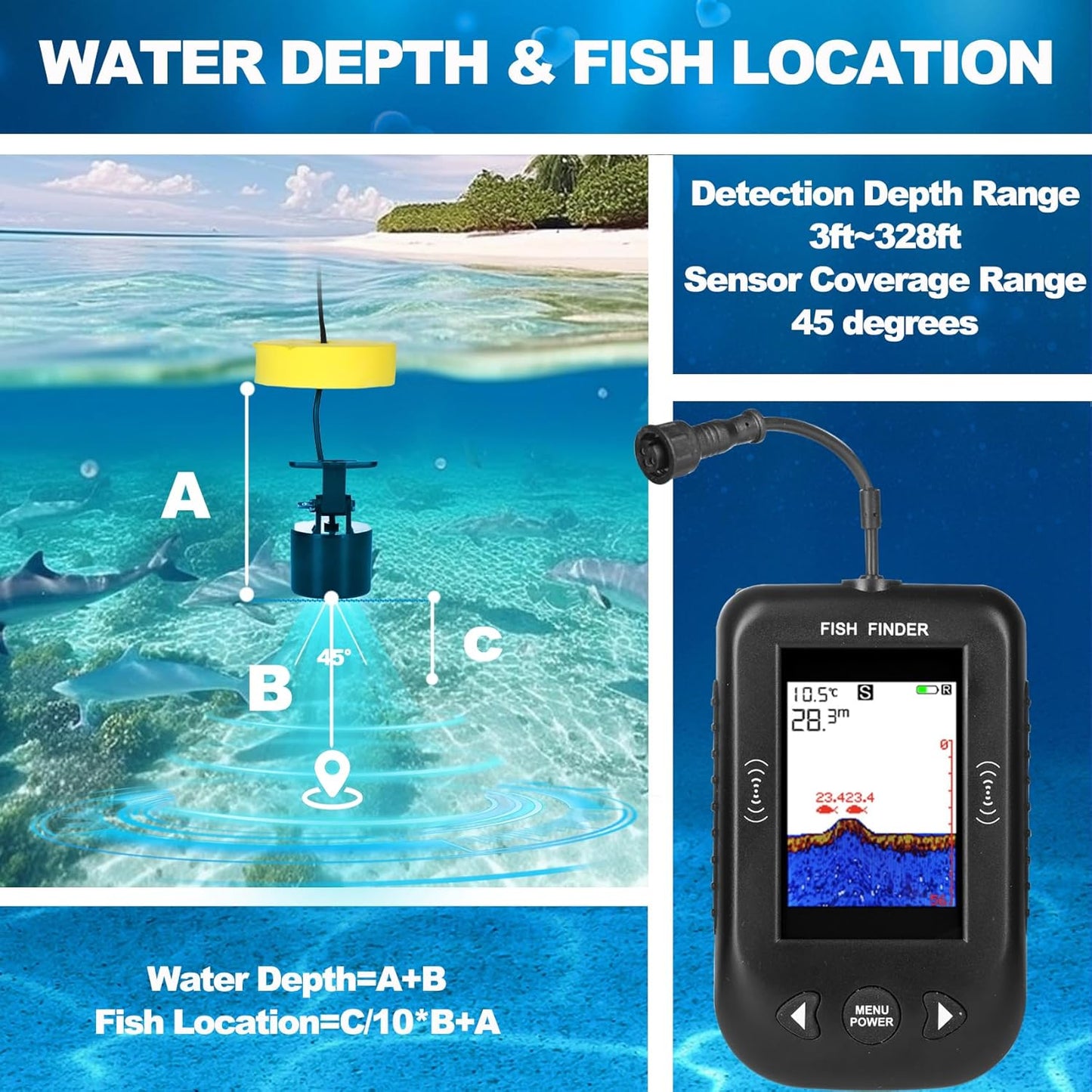 Portable Fish Finder, Water Handheld Fish Depth Finder Sonar Kayak Boat Fishfinder Transducer Fishing LCD Display
