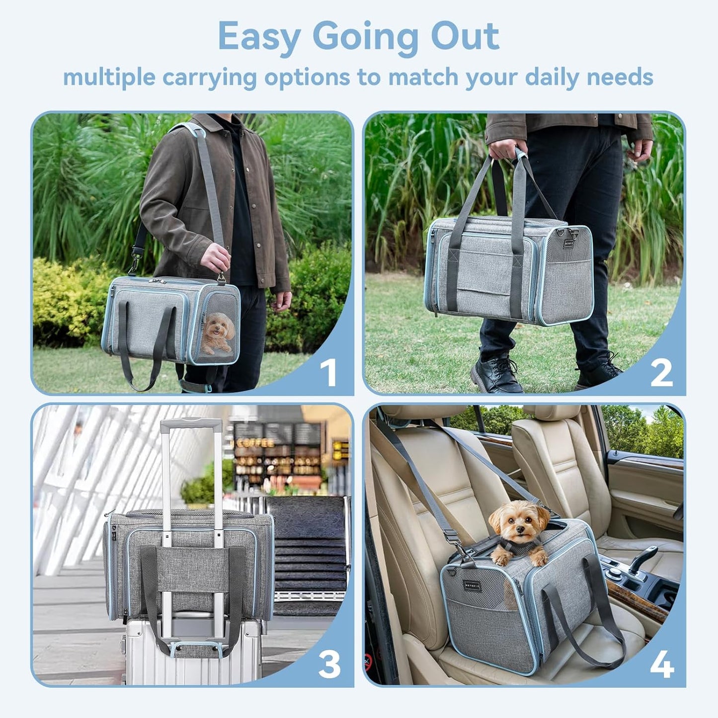 Petsfit Expandable Cat Dog Carrier Airline Approved, 17" L x 11" W x 11" H Soft-Sided Portable Pet Travel Carrier for Kitten, Puppy, Removable Soft Plush Mat and Pockets, Auto-Locking Zippers