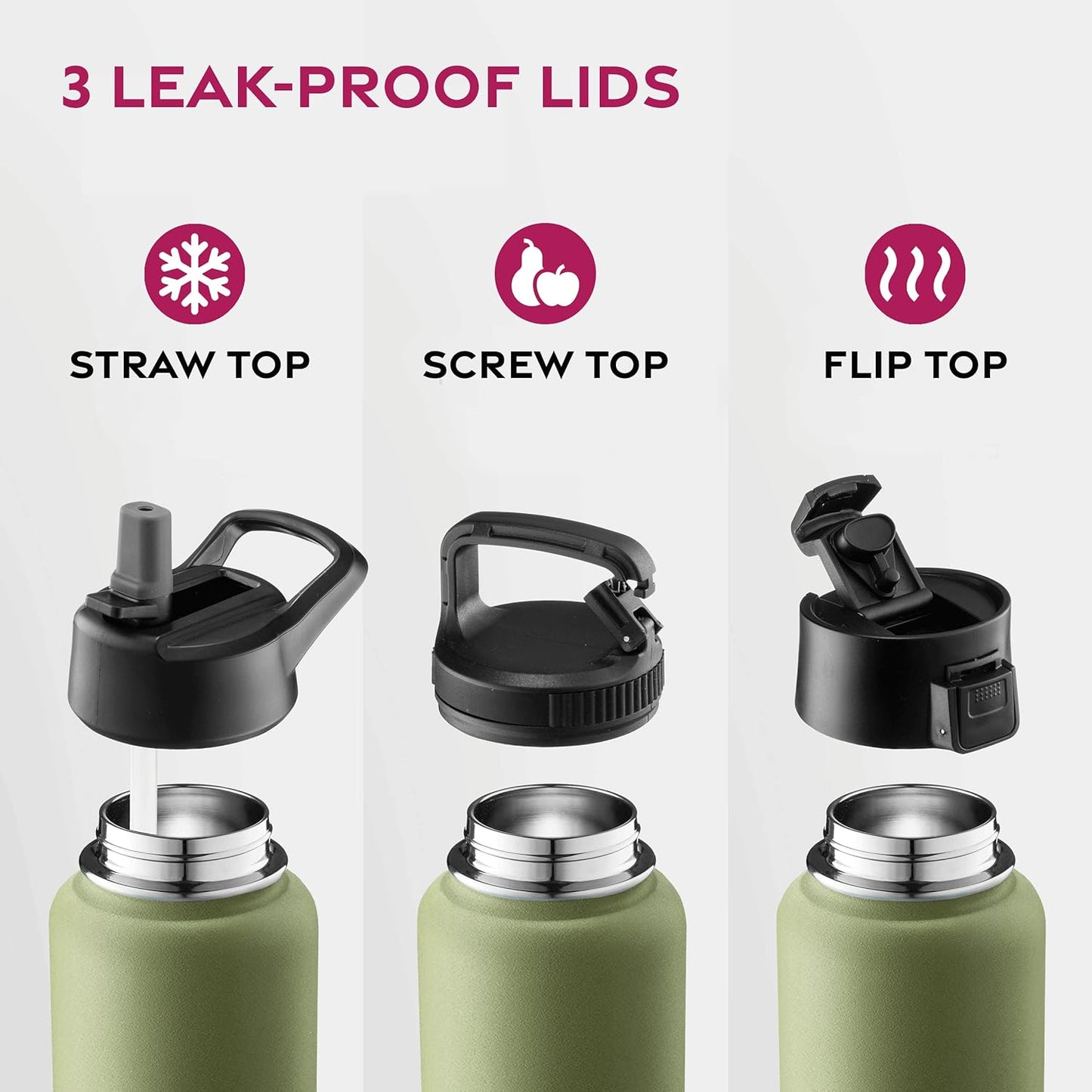 FineDine Water Bottle - Stainless Steel Insulated Water Bottle with Straw Lid, Flip Lid & Wide-Mouth Cap - Keeps Hot and Cold - 25 Oz / 739ml - Pure Pearly White