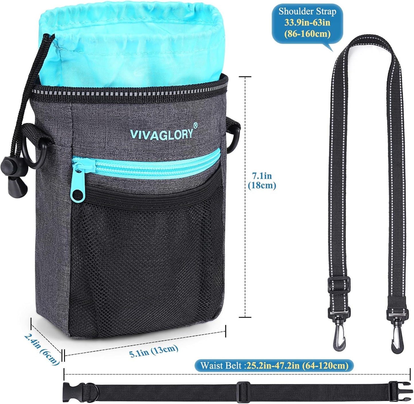 VIVAGLORY Dog Training Treat Pouch, 4Ways to Wear Dog Treat Bags, Built in Dog Waste Bag Dispenser Treats Training Bags with Reflective Adjustable Shoulder Strap, Black
