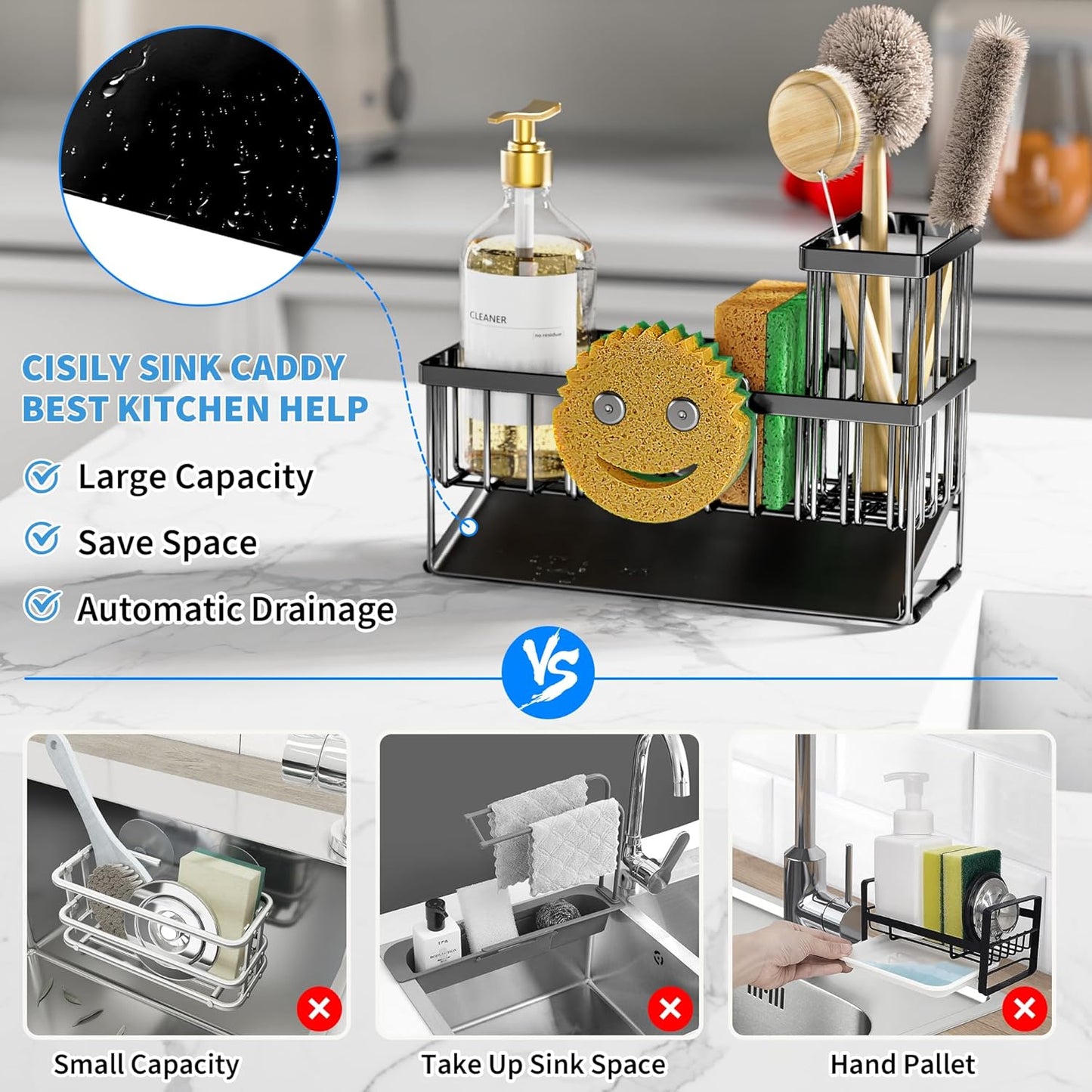 Cisily Kitchen Sink Caddy Organzier with High Brush Holder, Sponge Holder for Sink, 304 Rustproof Stainless, Kitchen Countertop Soap Dispenser Organizer, Kitchen Decor and Accessories (Black)