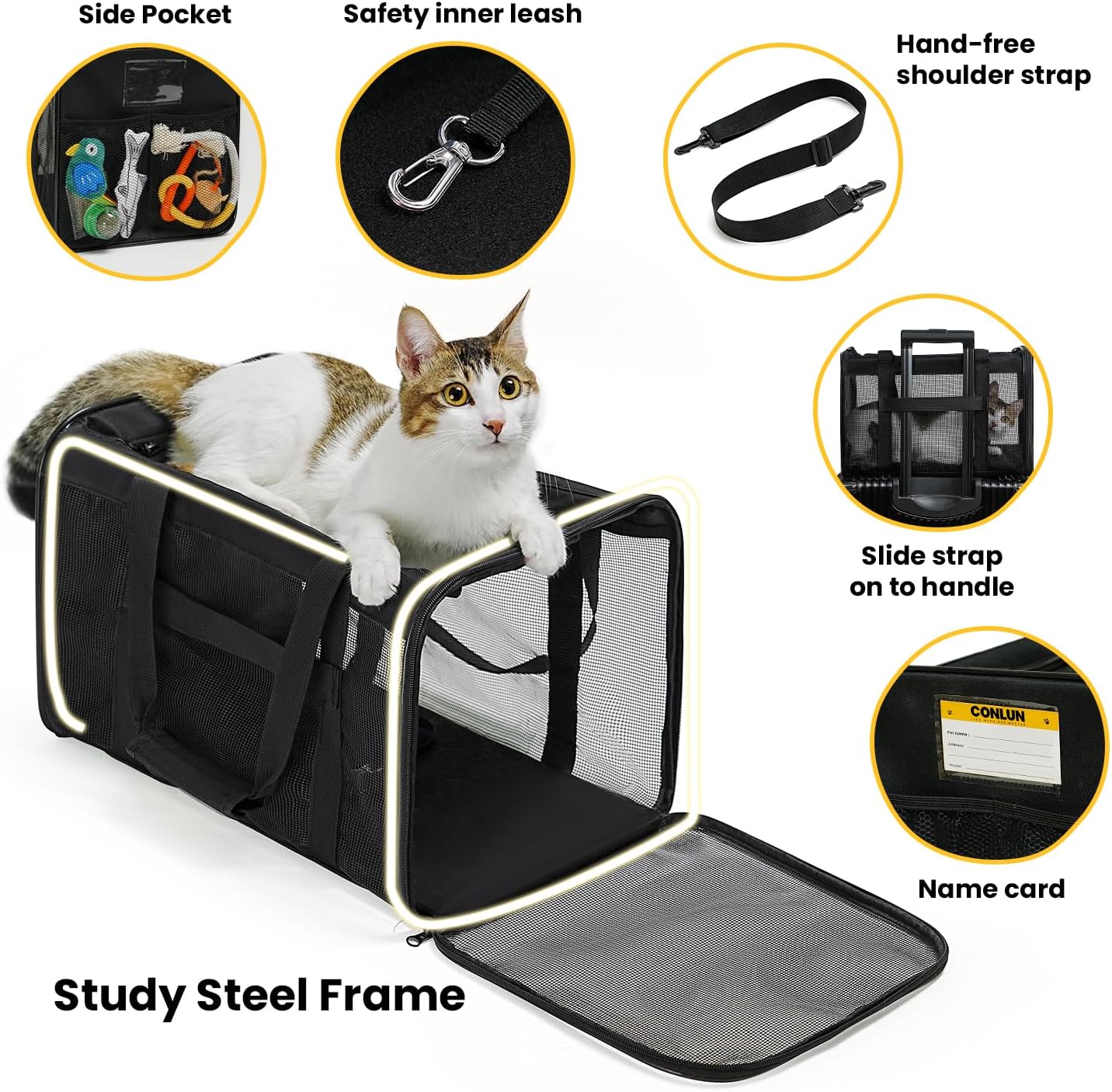 Conlun Cat Carrier Bag,Soft-Sided Pet Carriers for Dogs with 4-Sided Mesh,Airline Approved Cat Transport Carrier for Small&Medium Cats Kitten Puppy Up to 6Kg,Collapsible Cat Travel Carrier-M,Black