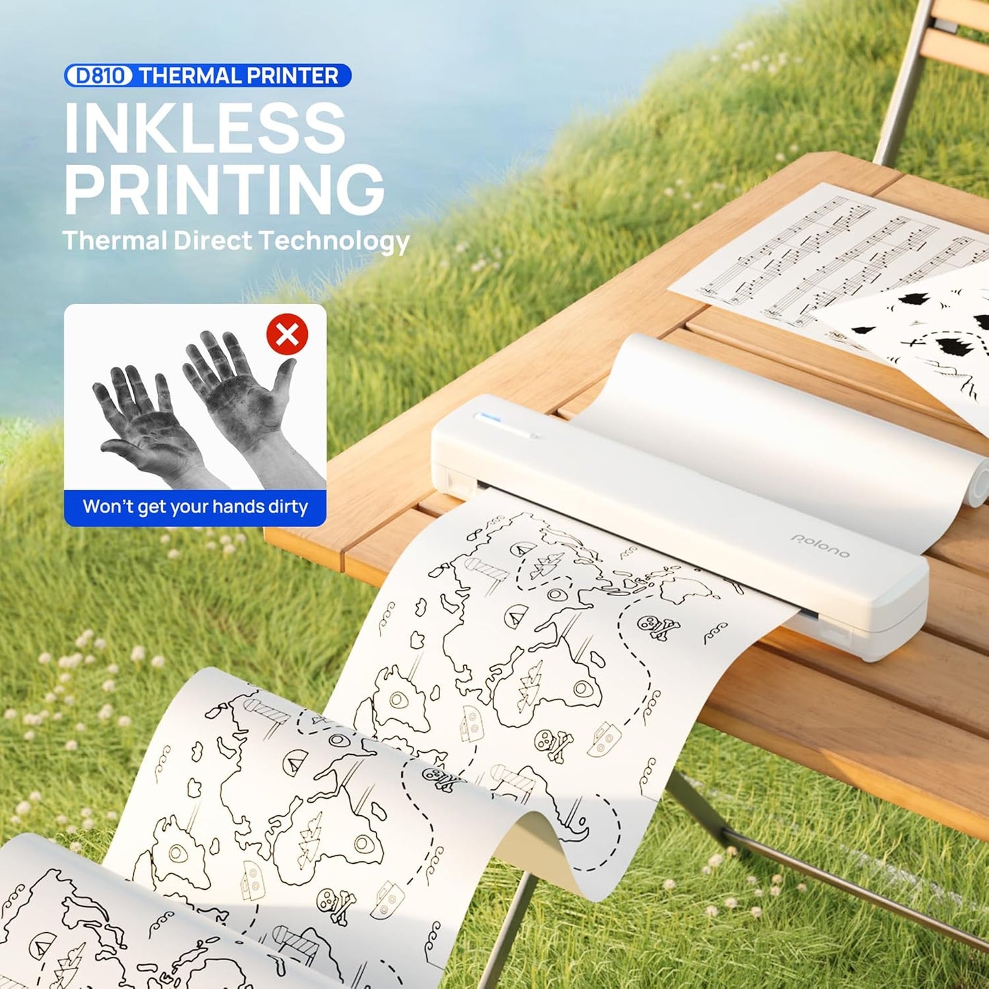 POLONO Portable Printer Wireless for Travel, D810 Bluetooth Thermal Printer Support for 8.5"x11" US Letter, Inkless Compatible with iOS, Android, Laptop for Office, Car and Home, White