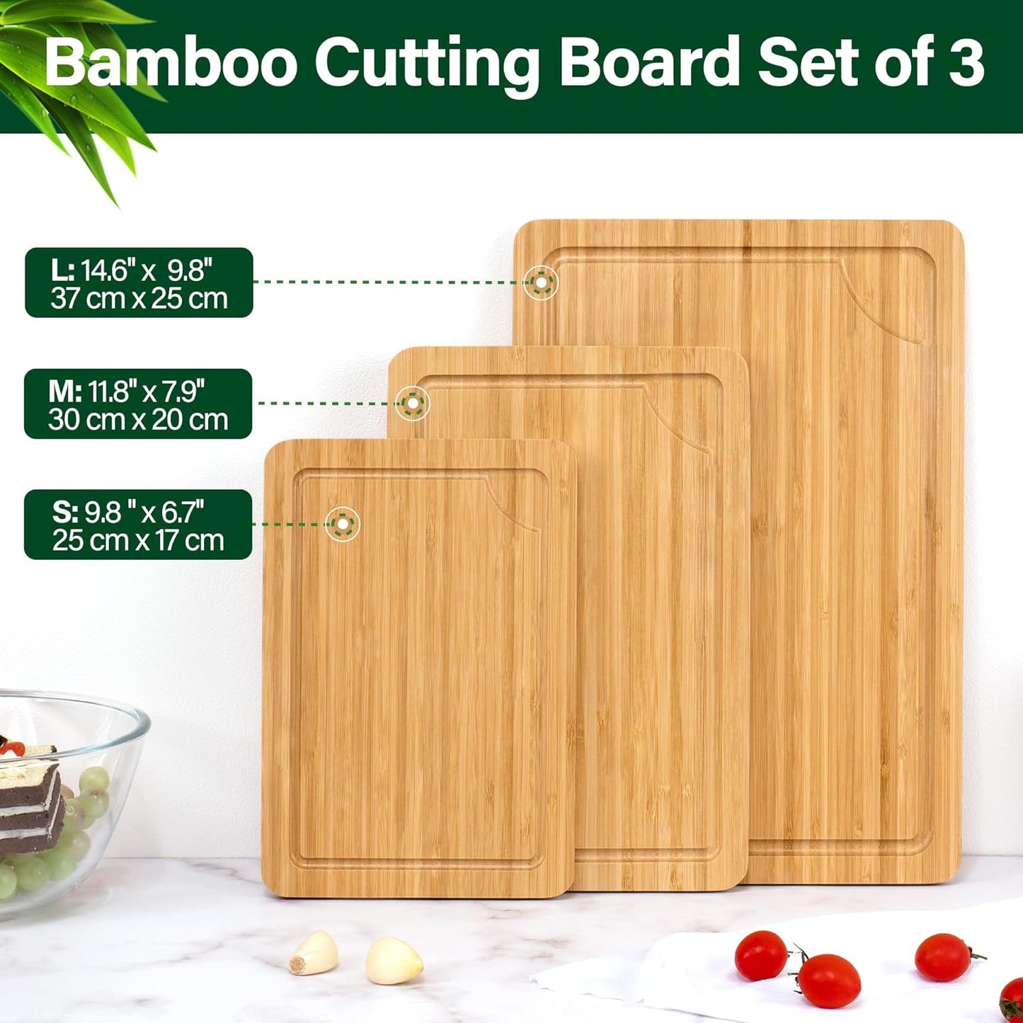 Bamboo Cutting Board Set of 3, Cutting Boards for Kitchen with Juice Groove, Bamboo Chopping Board Set, Serving Board Set for Meat, Fruit Vegetable and Cheese