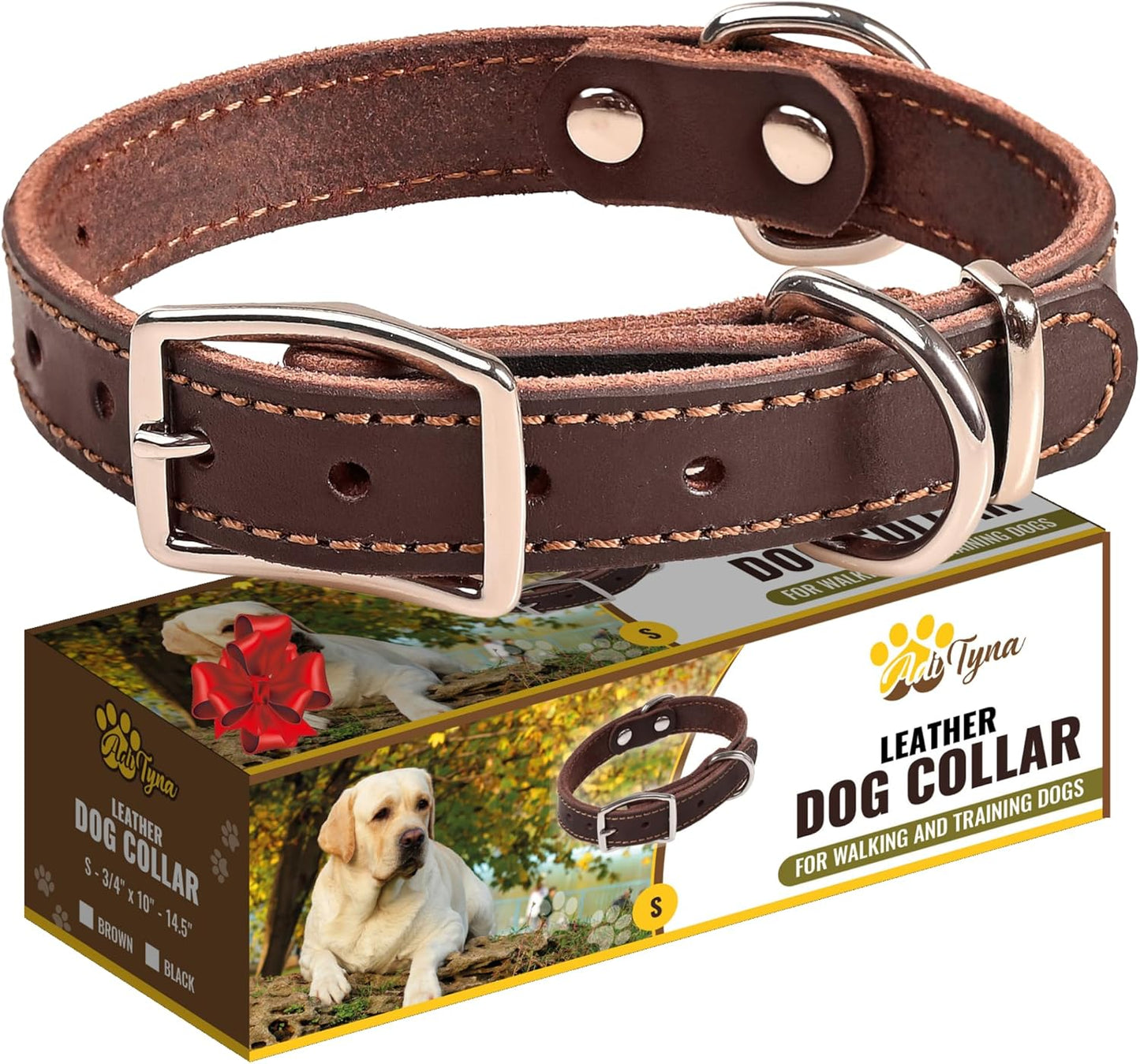 ADITYNA Heavy-Duty Leather Dog Collar for Medium Dogs - Soft and Strong, 100% Genuine Leather - Collier Pour Chien (Medium: Fit 13" - 20" Neck, Brown)