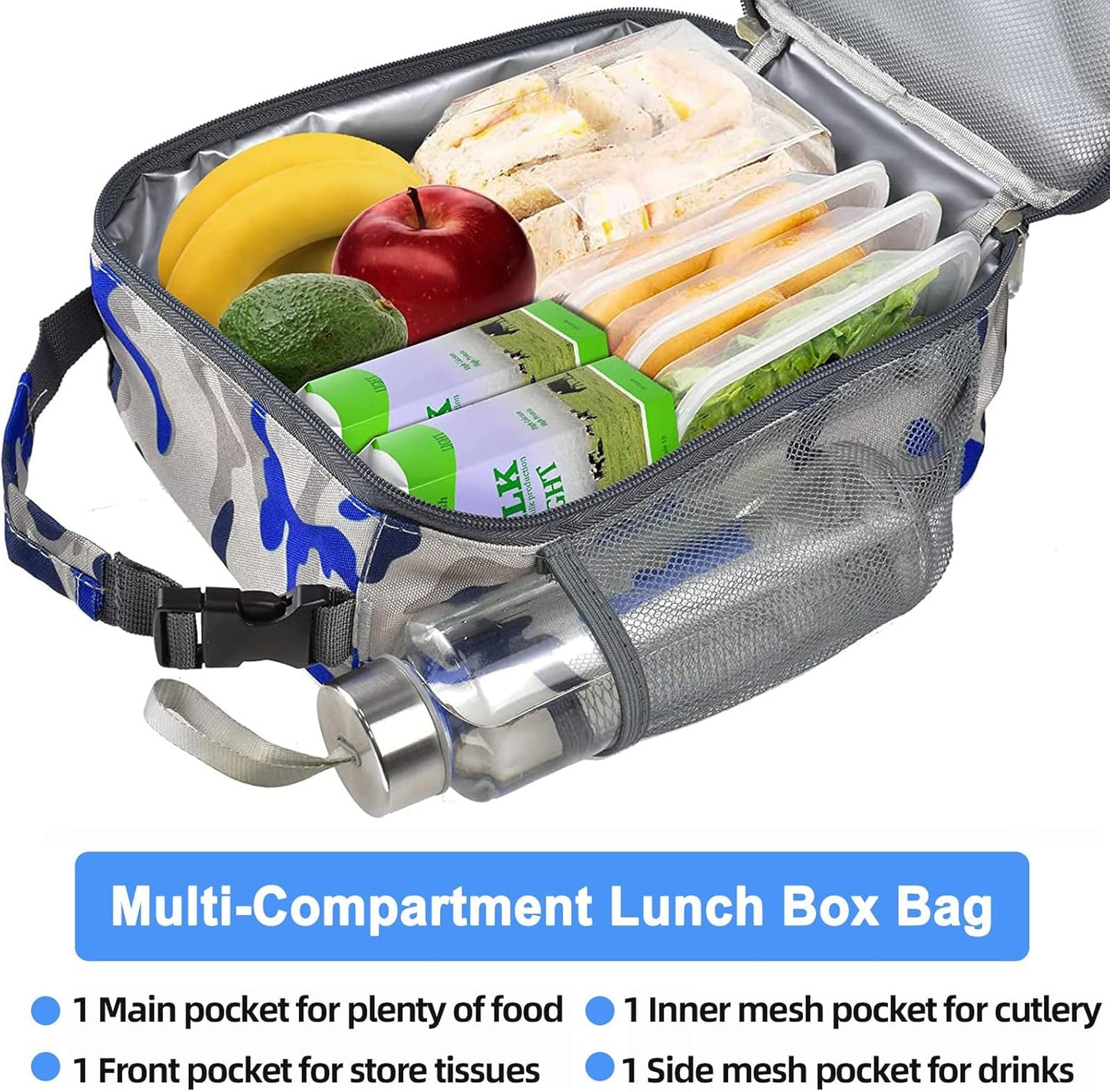 Insulated Lunch Bag, Leakproof Portable Lunch Box for Women Men Boys Girls, Large Capacity Cooler Bag with Handle and Bottle Pocket for Office School Camping Hiking Outdoor Beach Picnic (Black)