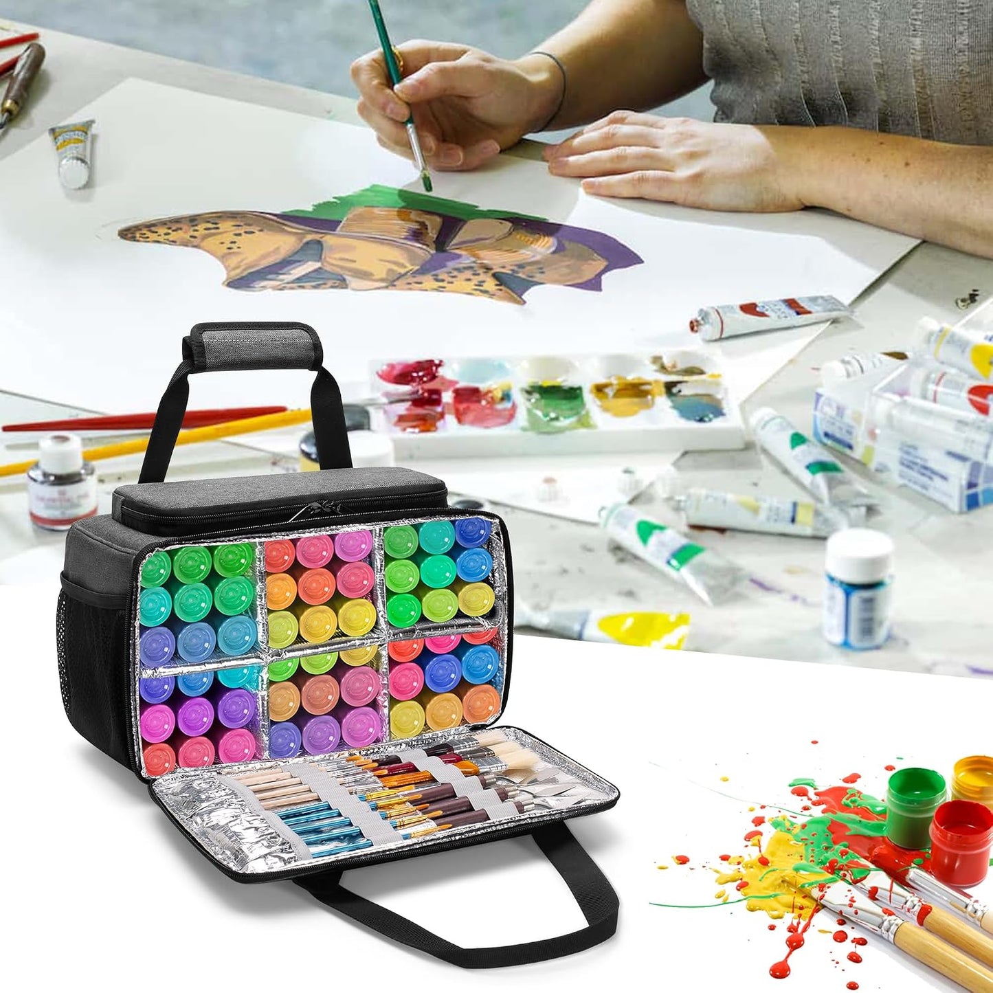 GRAOSO Acrylic Paint Organizer Hold up to 54 Bottles (2 oz), Grey | Paint Carry Case Bag for Bottle Brush Storage, Easy Cleaning Liner, Shoulder Strap and Handle for Travel