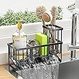 Cisily Sponge Holder for Kitchen Sink, Sink Caddy with High Brush Holder, Organzier Rustproof 304 Stainless Steel Dish Organizer Divider, Soap Dispenser Storage (Black)