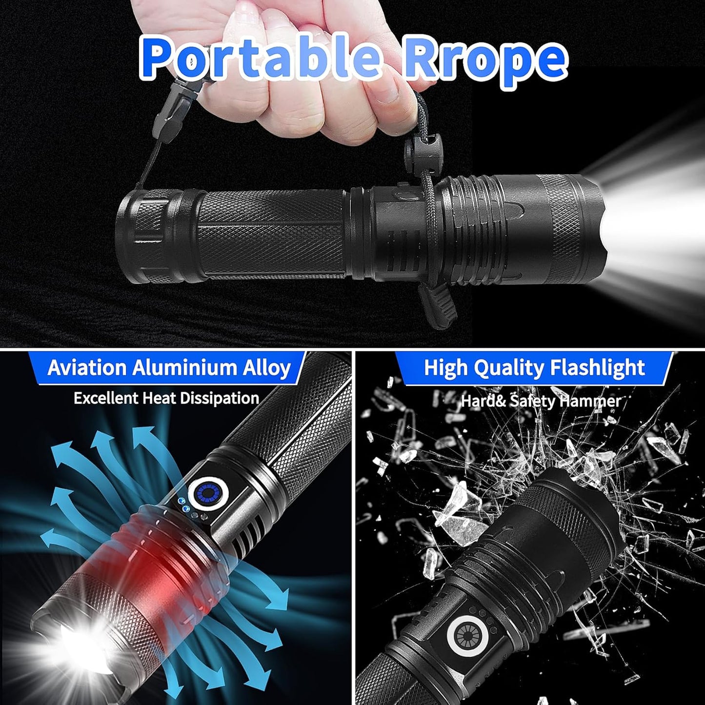 Flashlight Rechargeable 5 Modes of 10000 High Lumen,IPX6 Waterproof Flashlight,LED Flashlight Ultra Bright,Portable Flashlight for Outdoor Activities Such as Camping,Cycling,Mountain