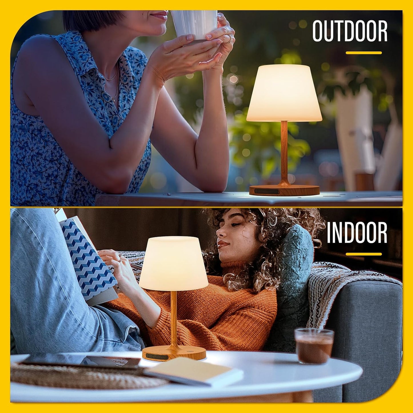 Cordless Outdoor Touch Table Lamp, Waterproof Small Shower Lamp, 4000mAh Battery Operated Rechargeable Dimmable Desk Lamp for Patio, Restaurant, Camping, Home-Wood Grain