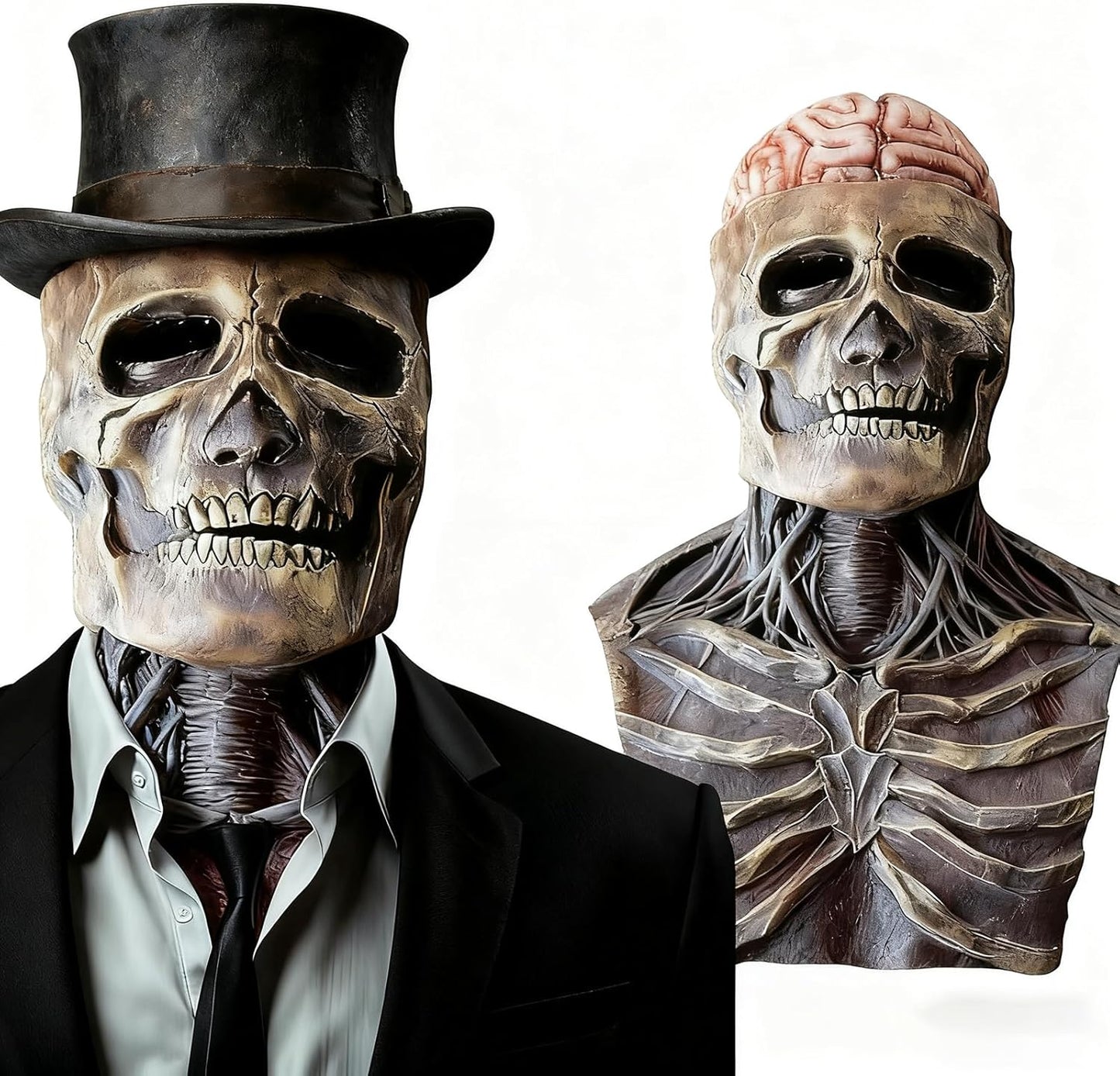FLOWERTEEN Skeleton Halloween Scary Latex Mask with Moving Jaw Realistic Full Head Skull Mask Party Cosplay (Without Hat)