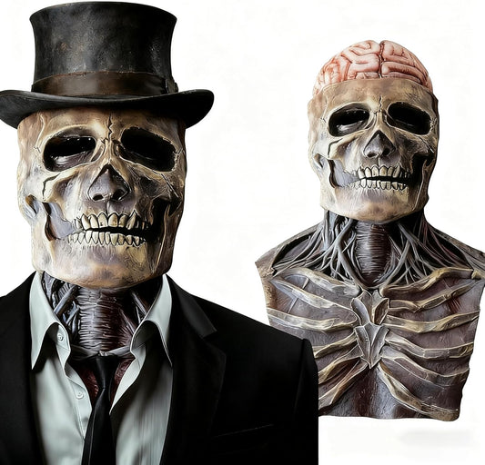 FLOWERTEEN Skeleton Halloween Scary Latex Mask with Moving Jaw Realistic Full Head Skull Mask Party Cosplay (Without Hat)