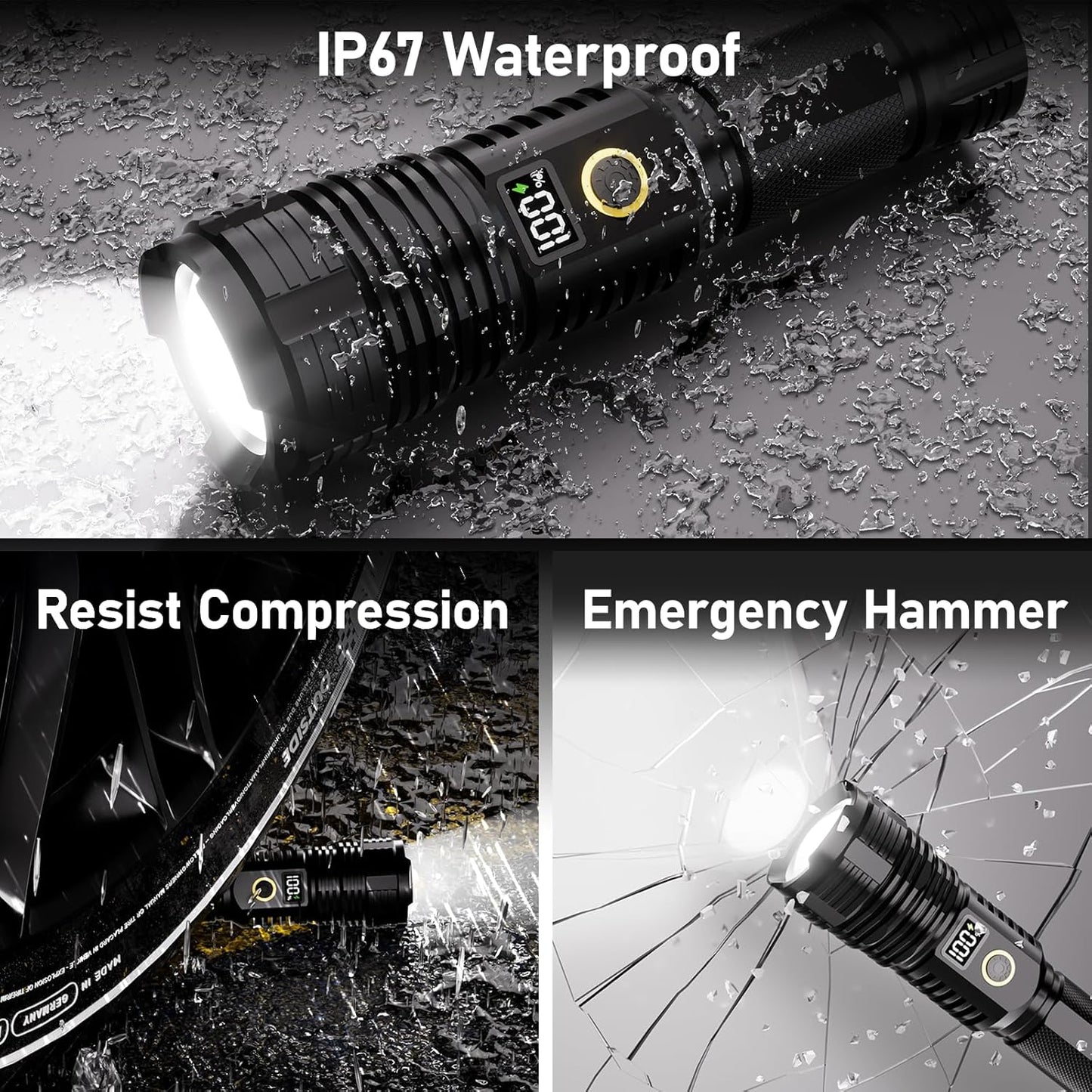 Flashlight rechargeable, 990000 High Lumens LED Flash Light, Super Bright Zoomable Lampe with LCD Digital Display, 5Modes Brightest Flashlights, Powerful Tactical Flashlight for Emergency Camping Gift