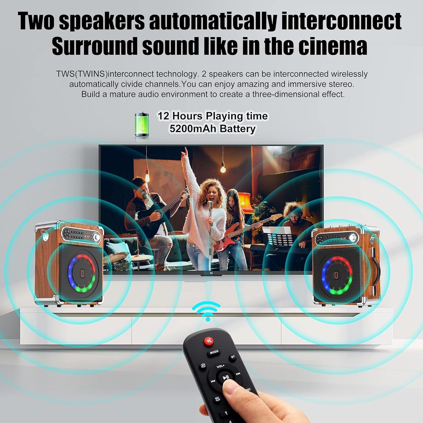 JYX Karaoke Machine with Two Wireless Microphones, Portable Bluetooth Speaker with Bass/Treble Adjustment, Remote Control and LED Lights, Supports TF Card/USB, AUX in, FM, REC for Party