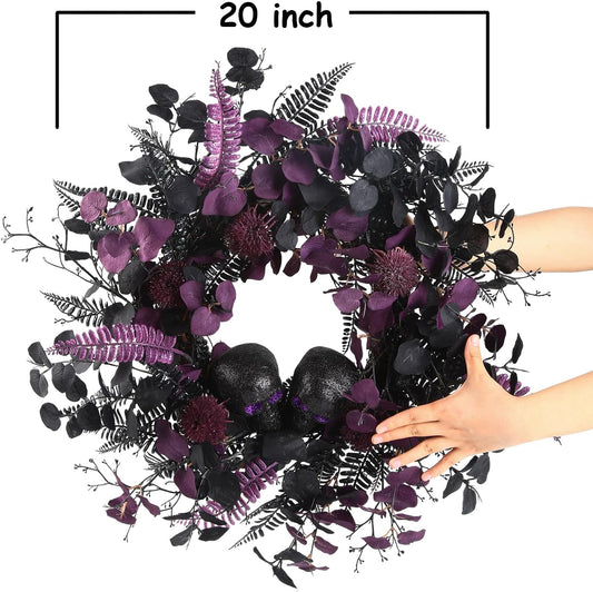 BINFEN 20" Halloween Wreaths for Front Door, Black Glitter Skulls Purple Eucalyptus Leaves Halloween Horror Decor, Gothic Party Room Decoration - PuriLite