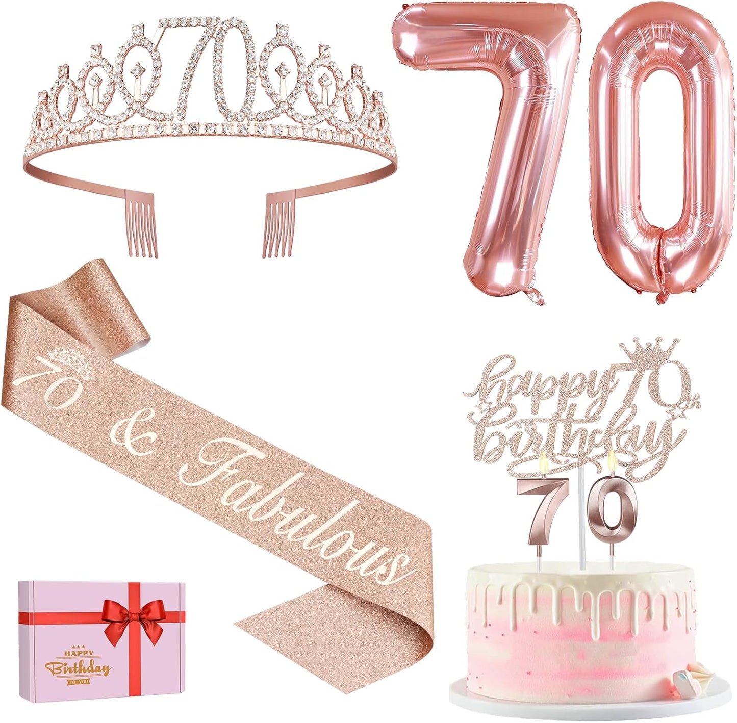 65th Birthday Decorations for Women, Including 65th Birthday Sash and Crown, Cake Topper and Candles, Number Balloons Rose Gold, 65 Year Old Gifts for Women