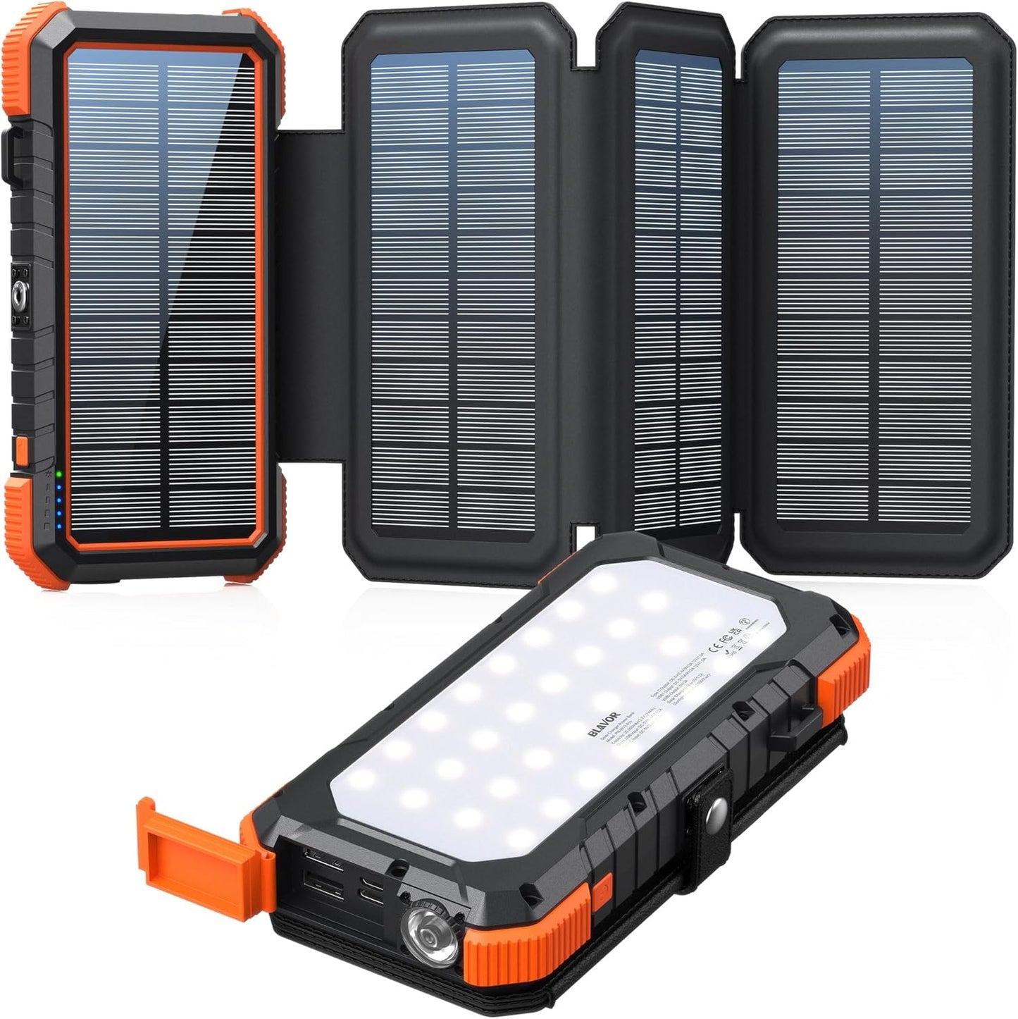 BLAVOR Solar Charger Power Bank, PD 18W Fast Charging 20000mAh Battery Pack with 4 Foldable Panels, Portable Solar Panel Charger with Camping Flashlight Compass Carabiner for All Cell Phone