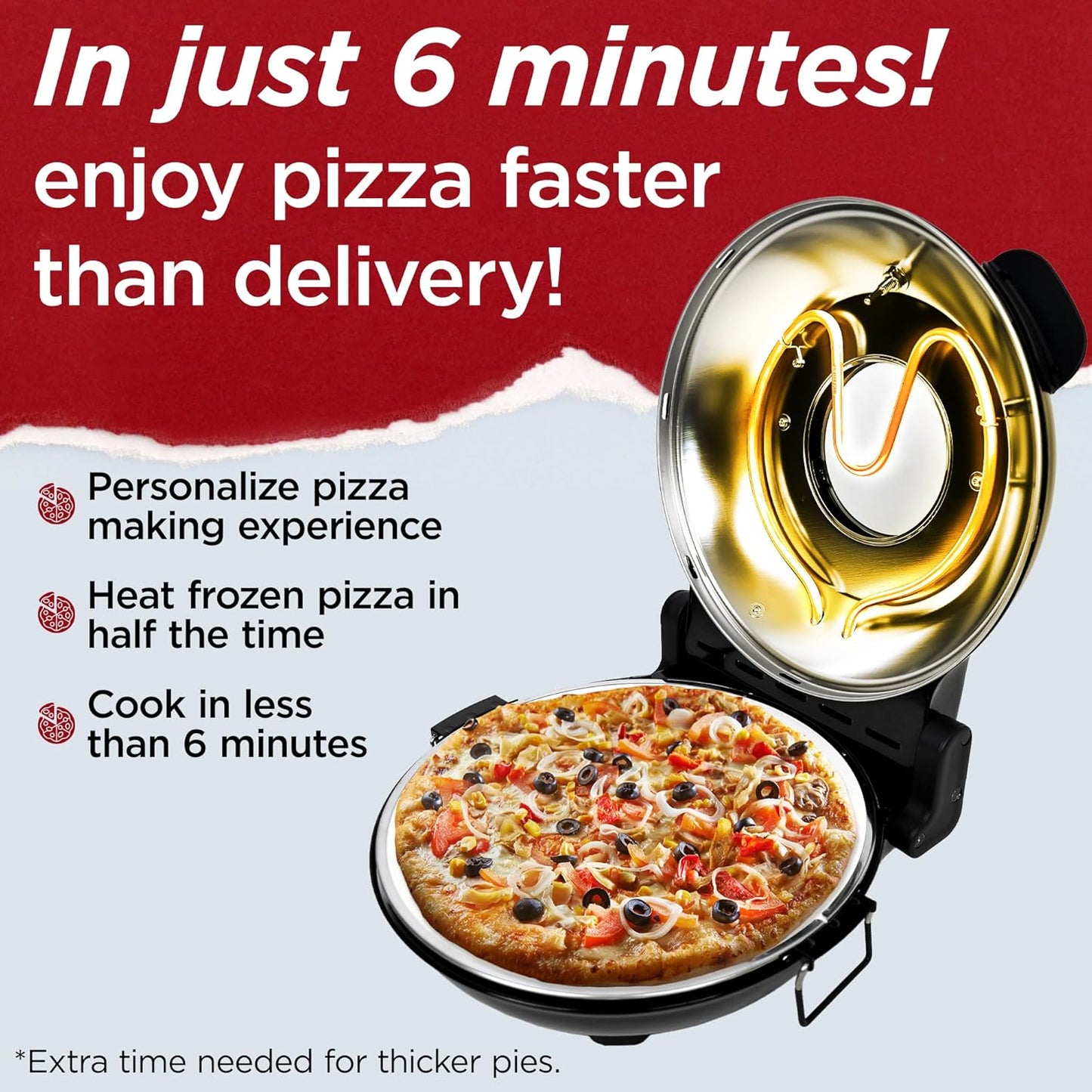 CULINARY CHEF Electric Pizza Oven with Ceramic Stone, Viewing Window, Adjustable Heat Control, Timer and 1200W Baking Power, DIY Homemade Pizzeria, Large 12” Pie Capacity (Red)