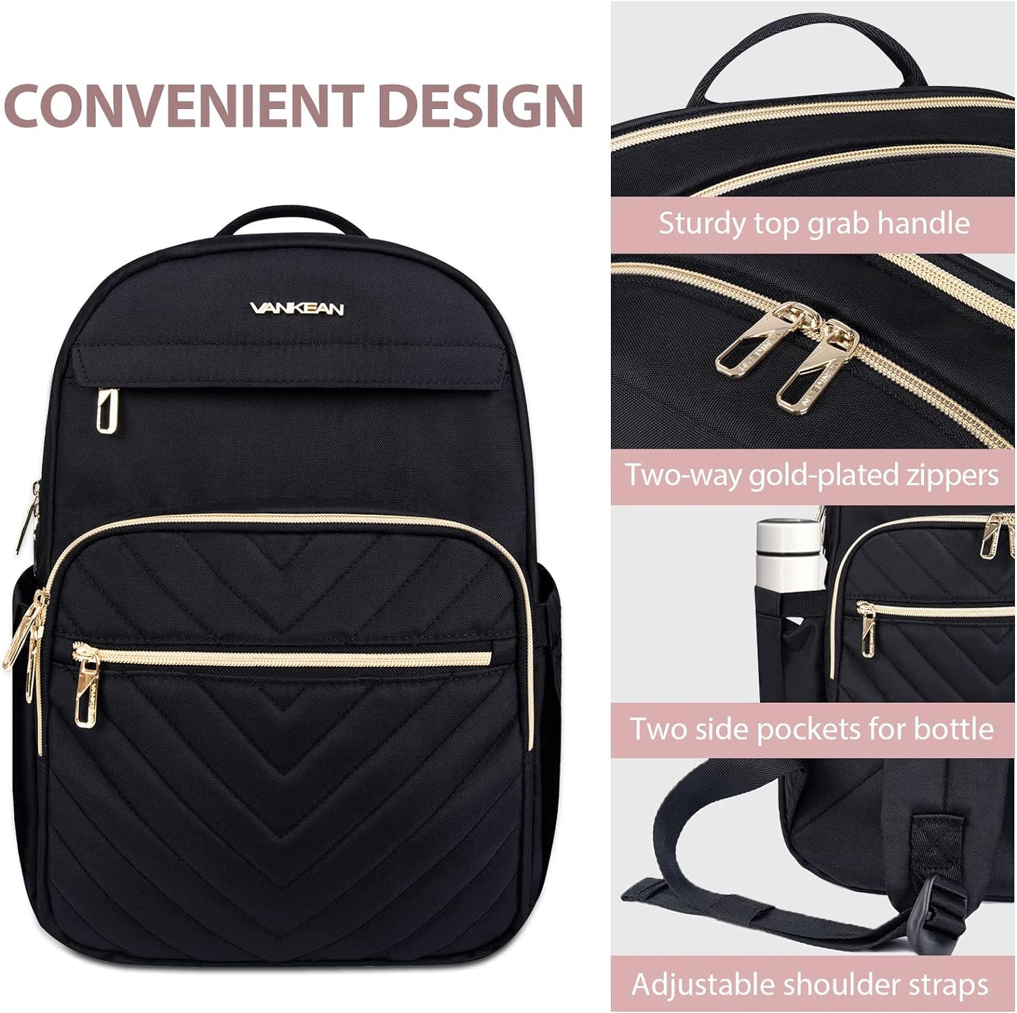 VANKEAN Laptop Backpack for Women Men Work Laptop Bag Fashion with USB Port, Daypacks for College, Business (Black, 15.6 Inch)