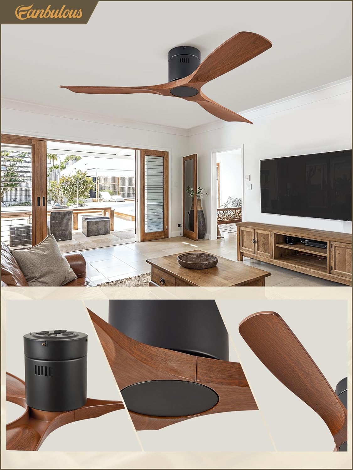 Fanbulous 52" Ceiling Fans with Lights and Remote Control,Modern Flush Mount Ceiling Fan with 3 LED Colors,Outdoor Low Profile Ceiling Fans with 6-Speeds Timer DC Motor for Bedroom Living Room Patio