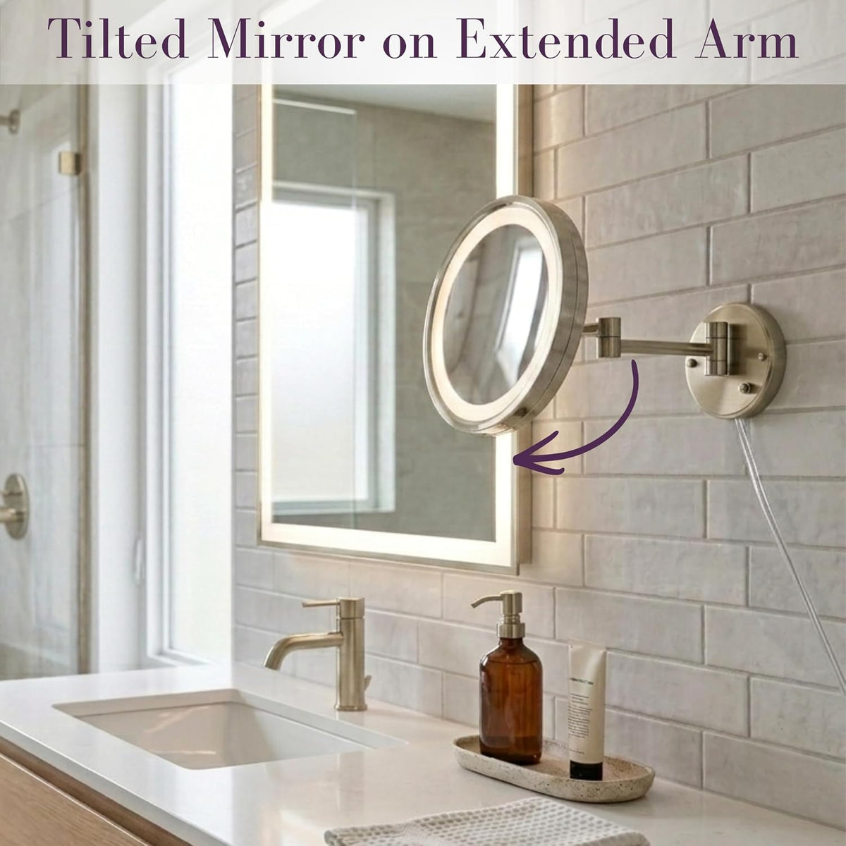 Jerdon HL1016NL 9.5-Inch LED Halo Lighted Wall Mount Mirror with 5x Magnification, 16-Inch Extension, Nickel Finish | 9.5" Diameter, 16" Wall Arm, LED Lighting, Corded Plug-In Power