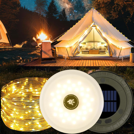 RISEMART Camping String Lights Retractable 33FT, Camping Lights with Solar Charging Waterproof Rollable String Lights Outdoor with 5 Lighting Modes for Tent Hiking Yard Party Festival Decoration