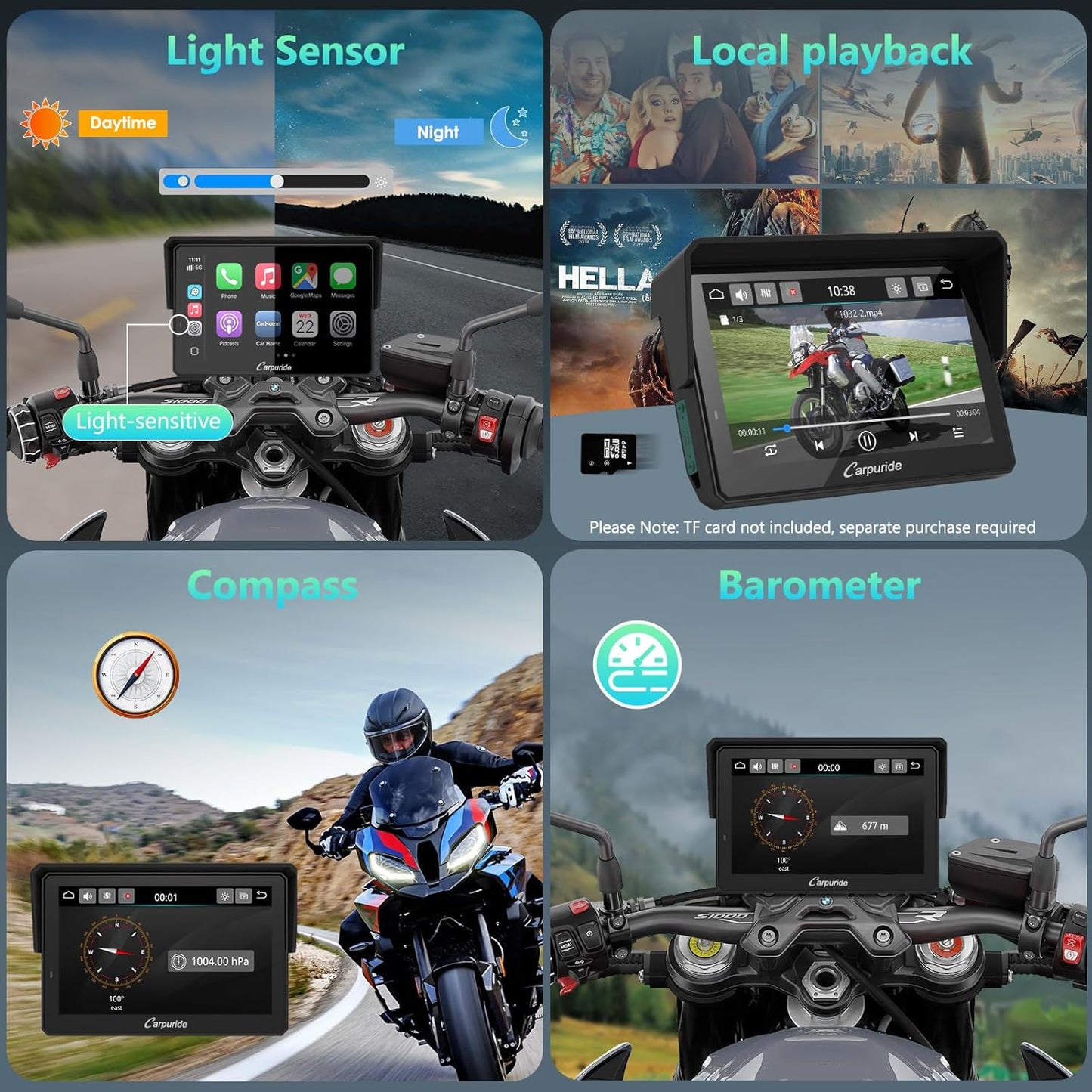 2025 CARPURIDE W702BS PRO for BMW Motorcycle CarPlay & Android Auto Dual Bluetooth, 7" Waterproof GPS Navigation Screen, Data Reading,Native Wonder, TPMS, Light Sensor, Music Sharing, Intercom, 16-Pin