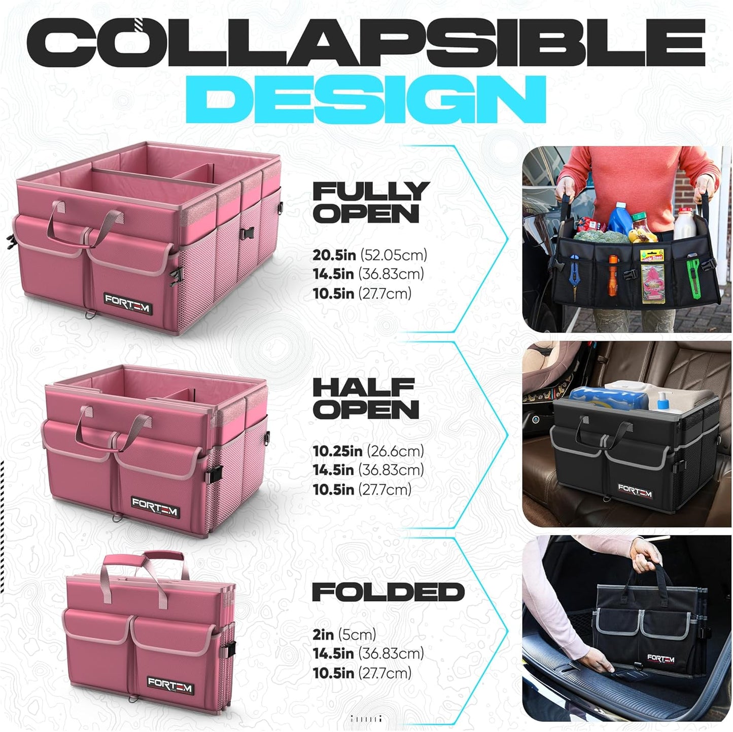 FORTEM Car Trunk Organizer, Collapsible Multi Compartment Car Organizer, Foldable SUV Storage for Car Accessories for Women Men, Non Slip Bottom, Securing Straps, Soft Cover 50L (Black, Standard)