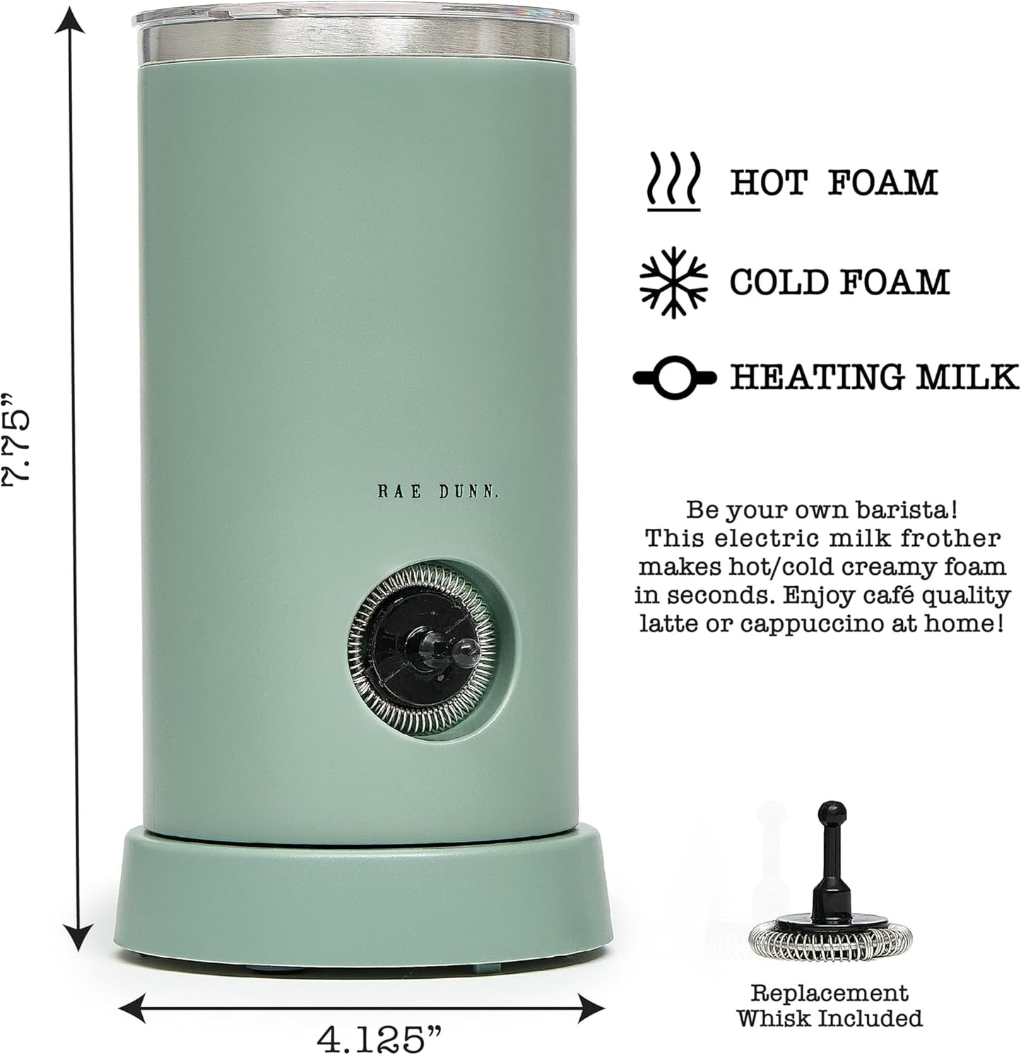 Rae Dunn - Electric Milk Frother - Elegant Automatic Milk Steamer and Frother, Milk Warmer, Hot and Cold Frothing Machine for Coffee, Latte, Cappuccino, Macchiato,