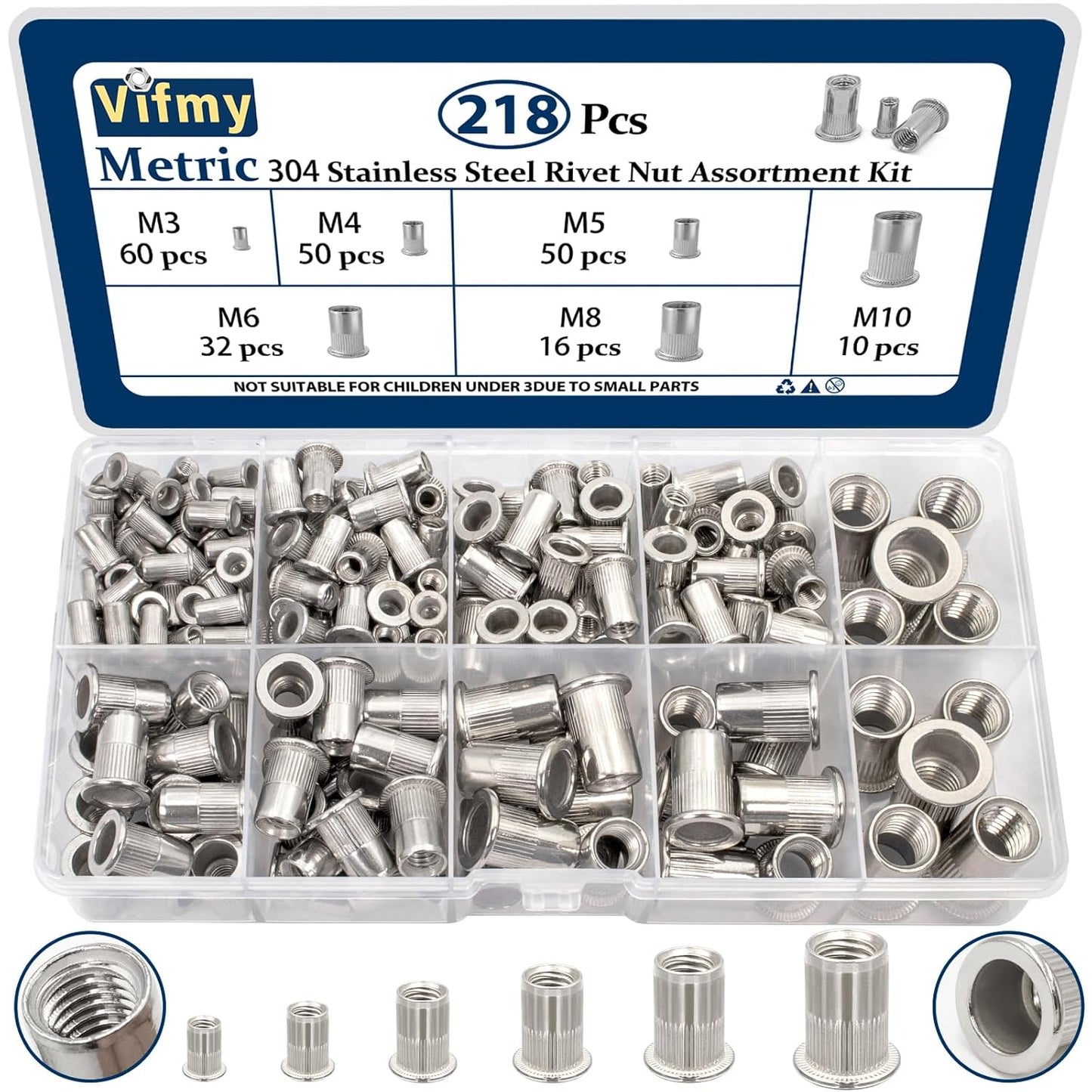 Vifmy Metric & SAE Rivet Nut Assortment Kit(420 Pcs),m3 m4 m5 m6 m8 m10 m12#6-32#8-32#10-24 1/4"-20 5/16"-18 3/8"-16 UNC Flat Head Rivnut Set,Zinc Plated Finish Carbon Steel Nutsert